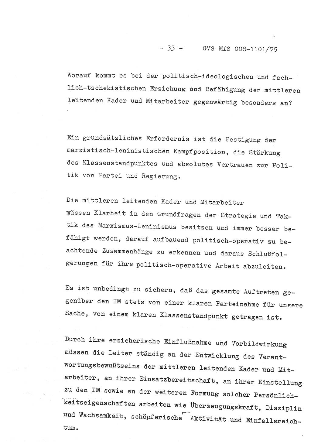 Schlußwort des Genossen Minister (Generaloberst Erich Mielke) zum zentralen Führungsseminar (MfS), Deutsche Demokratische Republik (DDR), Ministerium für Staatssicherheit (MfS), Der Minister, Geheime Verschlußsache (GVS) 008-1101/75, Berlin 1975, Blatt 33 (Schl.-W. Fü.-Sem. DDR MfS Min. GVS 008-1101/75 1975, Bl. 33)