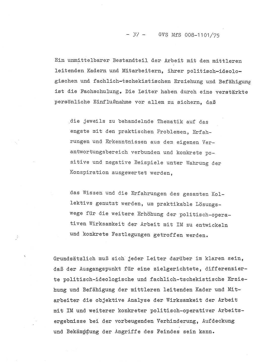 Schlußwort des Genossen Minister (Generaloberst Erich Mielke) zum zentralen Führungsseminar (MfS), Deutsche Demokratische Republik (DDR), Ministerium für Staatssicherheit (MfS), Der Minister, Geheime Verschlußsache (GVS) 008-1101/75, Berlin 1975, Blatt 37 (Schl.-W. Fü.-Sem. DDR MfS Min. GVS 008-1101/75 1975, Bl. 37)