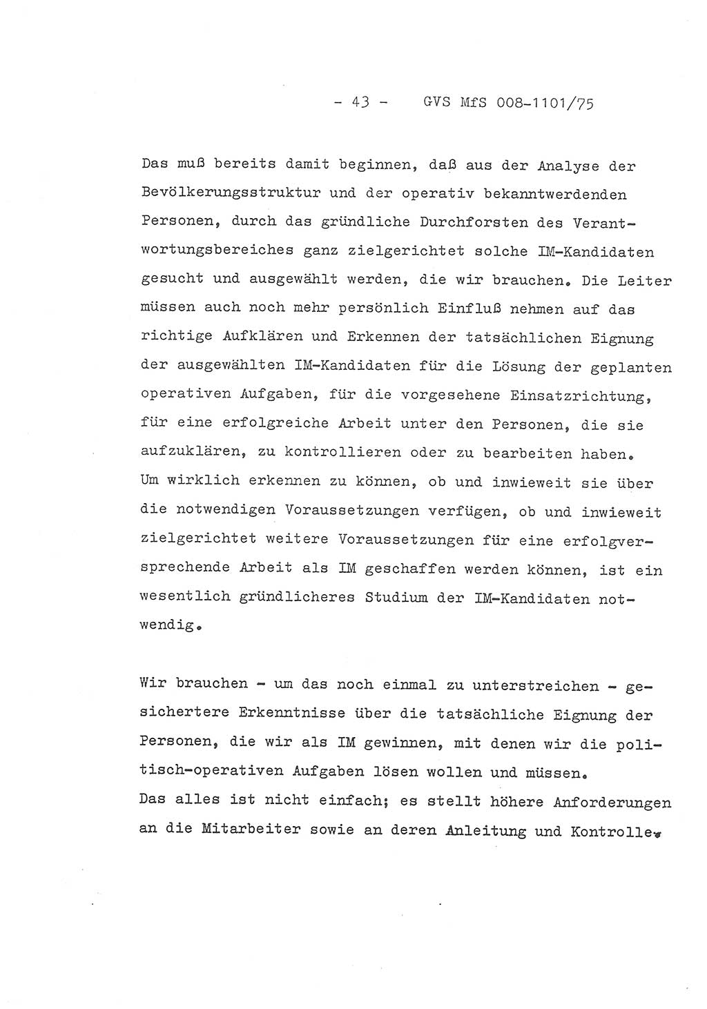 Schlußwort des Genossen Minister (Generaloberst Erich Mielke) zum zentralen Führungsseminar (MfS), Deutsche Demokratische Republik (DDR), Ministerium für Staatssicherheit (MfS), Der Minister, Geheime Verschlußsache (GVS) 008-1101/75, Berlin 1975, Blatt 43 (Schl.-W. Fü.-Sem. DDR MfS Min. GVS 008-1101/75 1975, Bl. 43)