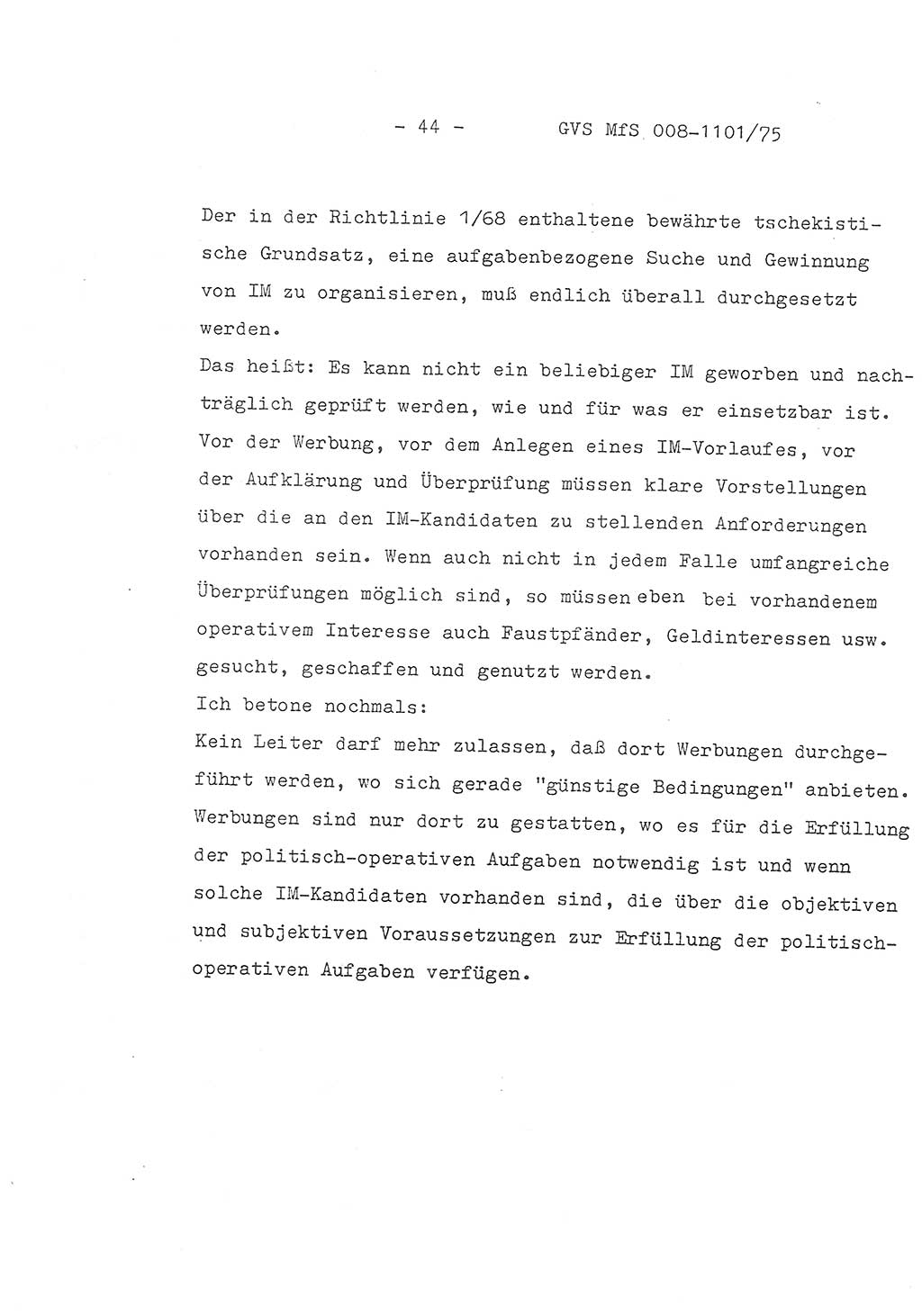 Schlußwort des Genossen Minister (Generaloberst Erich Mielke) zum zentralen Führungsseminar (MfS), Deutsche Demokratische Republik (DDR), Ministerium für Staatssicherheit (MfS), Der Minister, Geheime Verschlußsache (GVS) 008-1101/75, Berlin 1975, Blatt 44 (Schl.-W. Fü.-Sem. DDR MfS Min. GVS 008-1101/75 1975, Bl. 44)