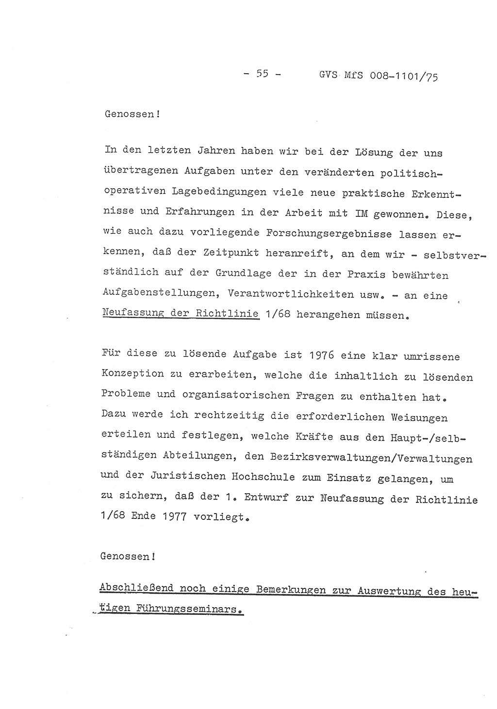 Schlußwort des Genossen Minister (Generaloberst Erich Mielke) zum zentralen Führungsseminar (MfS), Deutsche Demokratische Republik (DDR), Ministerium für Staatssicherheit (MfS), Der Minister, Geheime Verschlußsache (GVS) 008-1101/75, Berlin 1975, Blatt 55 (Schl.-W. Fü.-Sem. DDR MfS Min. GVS 008-1101/75 1975, Bl. 55)