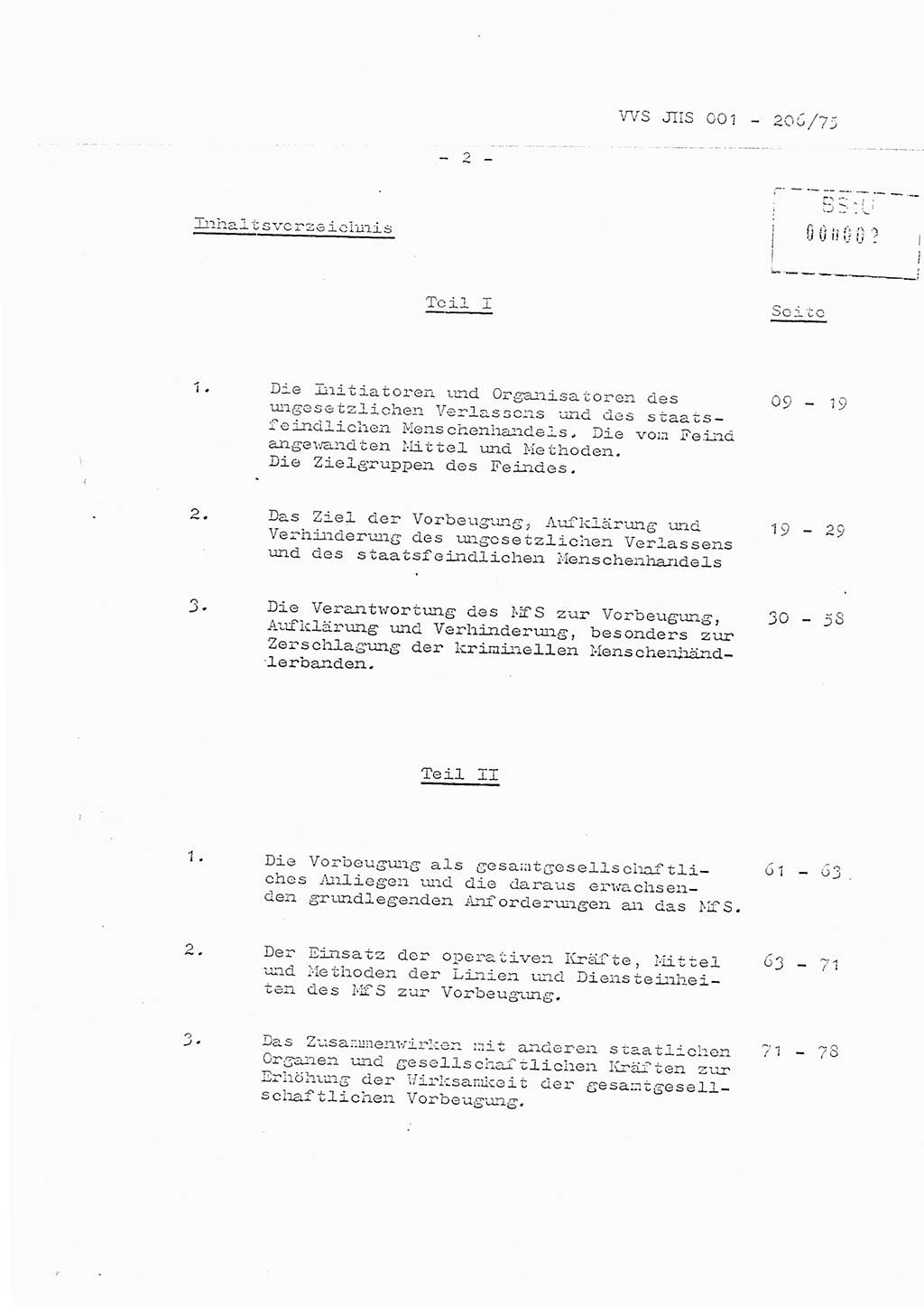 Organisierung der Vorbeugung, Aufklärung und Verhinderung des ungesetzlichen Verlassens der DDR und der Bekämpfung des staatsfeindlichen Menschenhandels, Schulungsmaterial, Ministerium für Staatssicherheit (MfS) [Deutsche Demokratische Republik (DDR)], Juristische Hochschule (JHS), Vertrauliche Verschlußsache (VVS) 001-206/75, Potsdam 1975, Seite 2 (Sch.-Mat. MfS DDR JHS VVS 001-206/75 1975, S. 2)