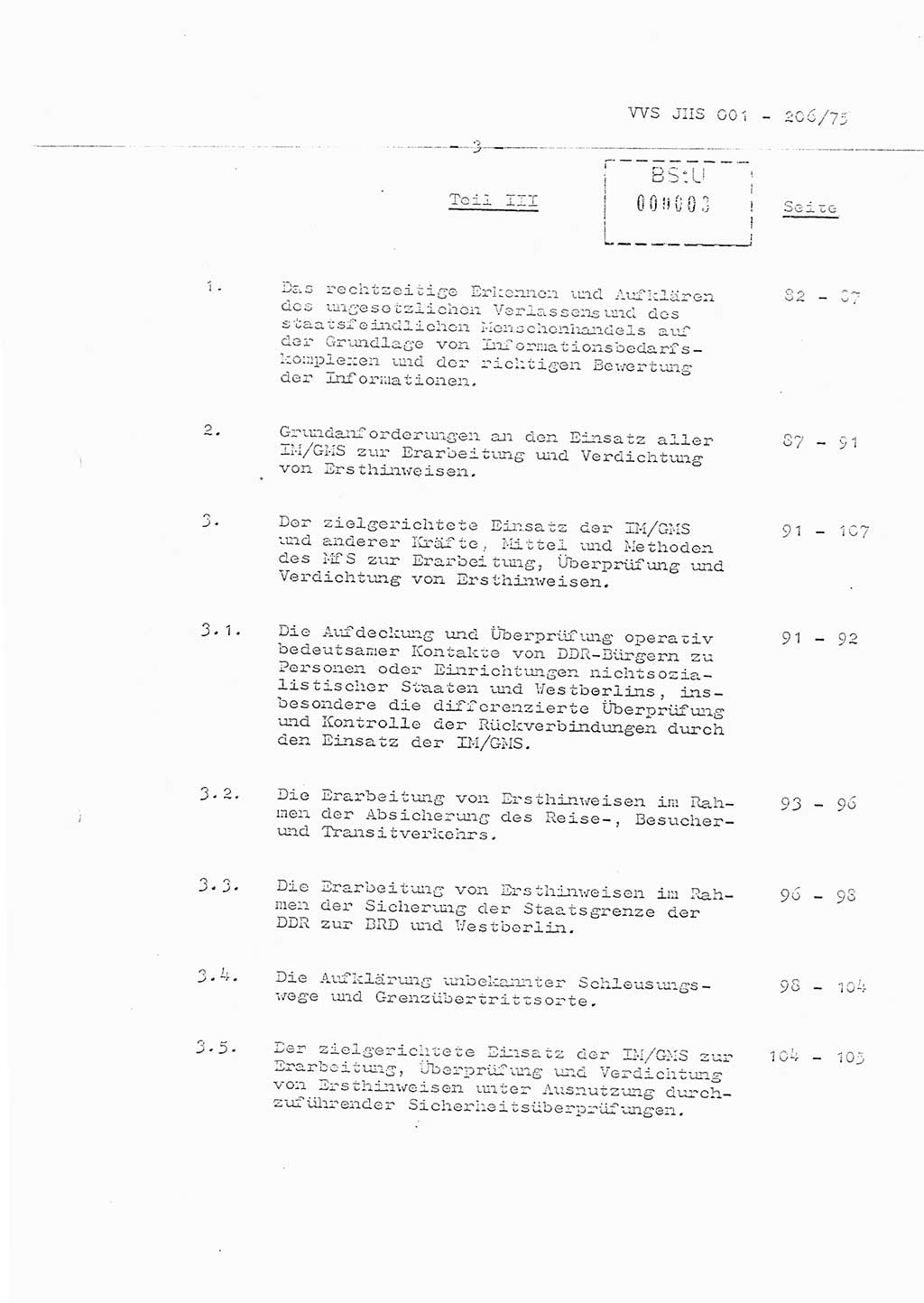 Organisierung der Vorbeugung, Aufklärung und Verhinderung des ungesetzlichen Verlassens der DDR und der Bekämpfung des staatsfeindlichen Menschenhandels, Schulungsmaterial, Ministerium für Staatssicherheit (MfS) [Deutsche Demokratische Republik (DDR)], Juristische Hochschule (JHS), Vertrauliche Verschlußsache (VVS) 001-206/75, Potsdam 1975, Seite 3 (Sch.-Mat. MfS DDR JHS VVS 001-206/75 1975, S. 3)