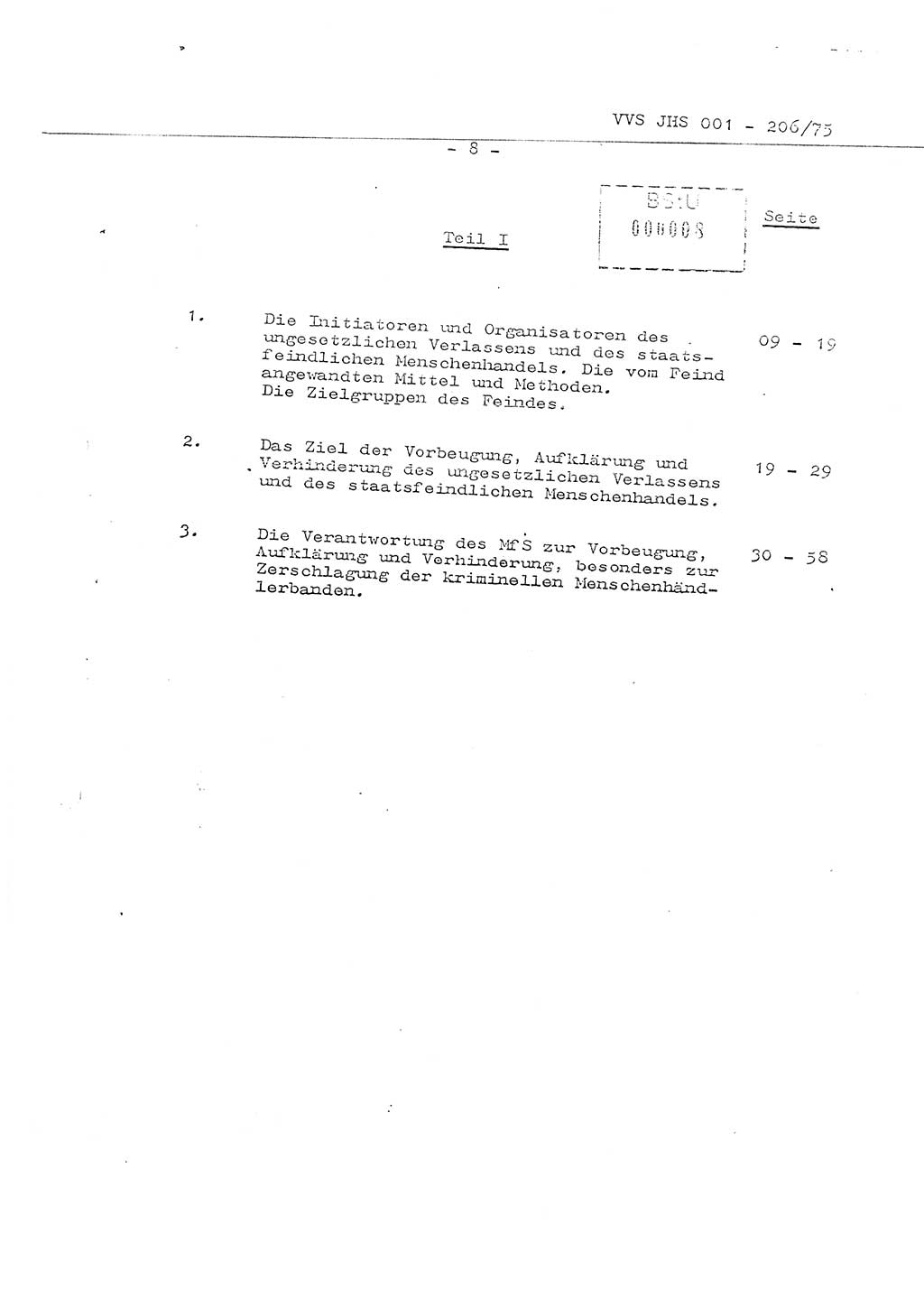 Organisierung der Vorbeugung, Aufklärung und Verhinderung des ungesetzlichen Verlassens der DDR und der Bekämpfung des staatsfeindlichen Menschenhandels, Schulungsmaterial, Ministerium für Staatssicherheit (MfS) [Deutsche Demokratische Republik (DDR)], Juristische Hochschule (JHS), Vertrauliche Verschlußsache (VVS) 001-206/75, Potsdam 1975, Seite 8 (Sch.-Mat. MfS DDR JHS VVS 001-206/75 1975, S. 8)