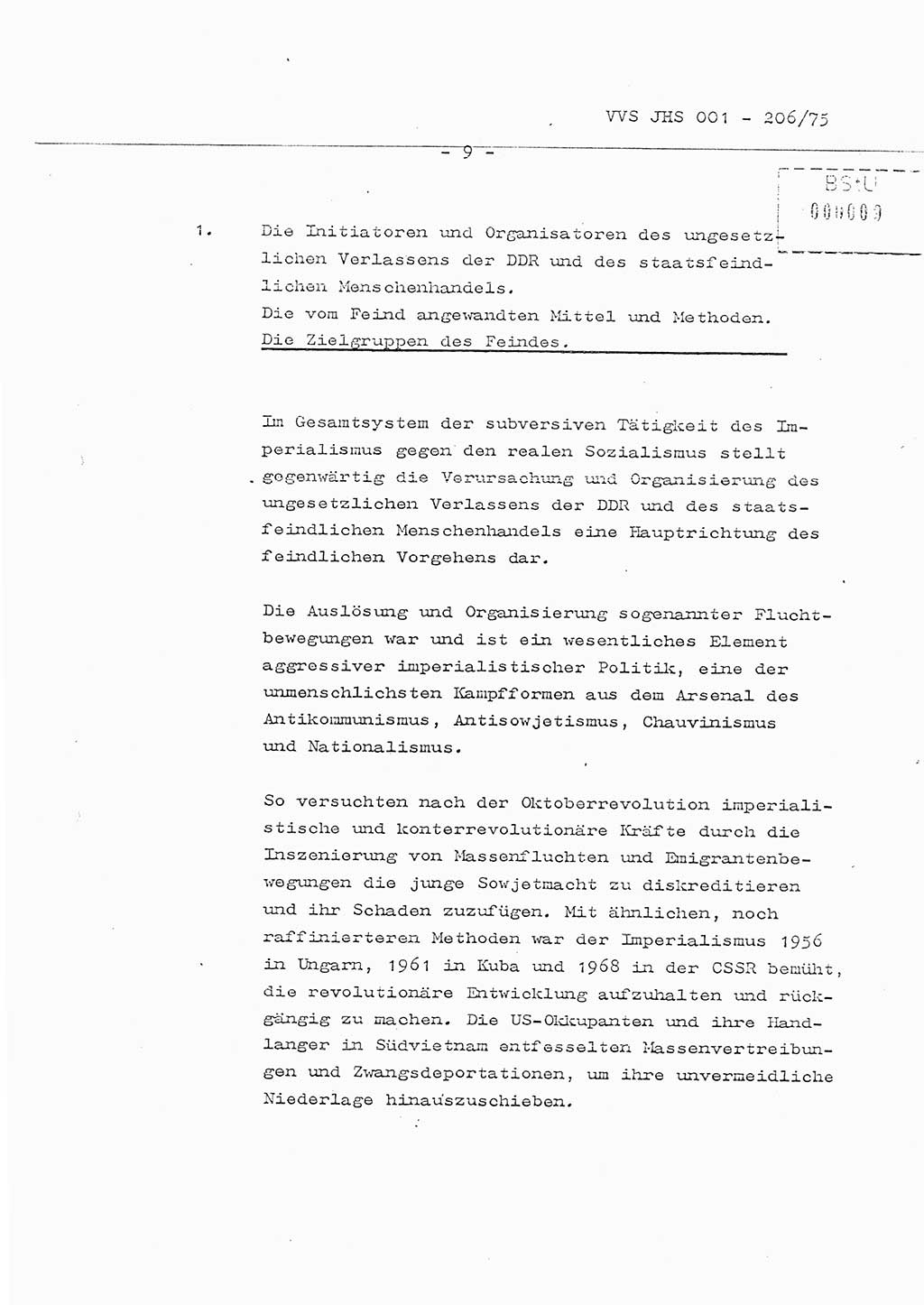 Organisierung der Vorbeugung, Aufklärung und Verhinderung des ungesetzlichen Verlassens der DDR und der Bekämpfung des staatsfeindlichen Menschenhandels, Schulungsmaterial, Ministerium für Staatssicherheit (MfS) [Deutsche Demokratische Republik (DDR)], Juristische Hochschule (JHS), Vertrauliche Verschlußsache (VVS) 001-206/75, Potsdam 1975, Seite 9 (Sch.-Mat. MfS DDR JHS VVS 001-206/75 1975, S. 9)