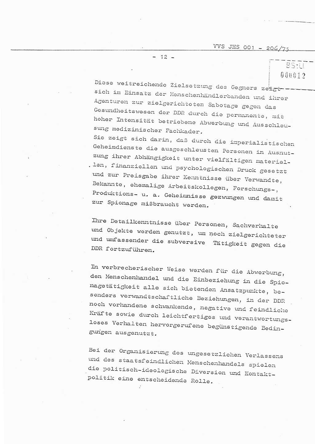 Organisierung der Vorbeugung, Aufklärung und Verhinderung des ungesetzlichen Verlassens der DDR und der Bekämpfung des staatsfeindlichen Menschenhandels, Schulungsmaterial, Ministerium für Staatssicherheit (MfS) [Deutsche Demokratische Republik (DDR)], Juristische Hochschule (JHS), Vertrauliche Verschlußsache (VVS) 001-206/75, Potsdam 1975, Seite 12 (Sch.-Mat. MfS DDR JHS VVS 001-206/75 1975, S. 12)