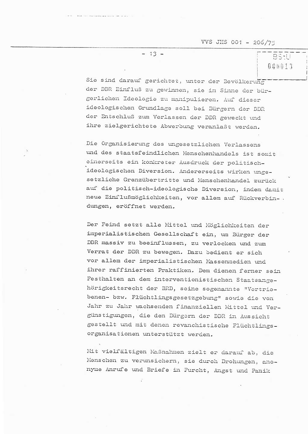 Organisierung der Vorbeugung, Aufklärung und Verhinderung des ungesetzlichen Verlassens der DDR und der Bekämpfung des staatsfeindlichen Menschenhandels, Schulungsmaterial, Ministerium für Staatssicherheit (MfS) [Deutsche Demokratische Republik (DDR)], Juristische Hochschule (JHS), Vertrauliche Verschlußsache (VVS) 001-206/75, Potsdam 1975, Seite 13 (Sch.-Mat. MfS DDR JHS VVS 001-206/75 1975, S. 13)