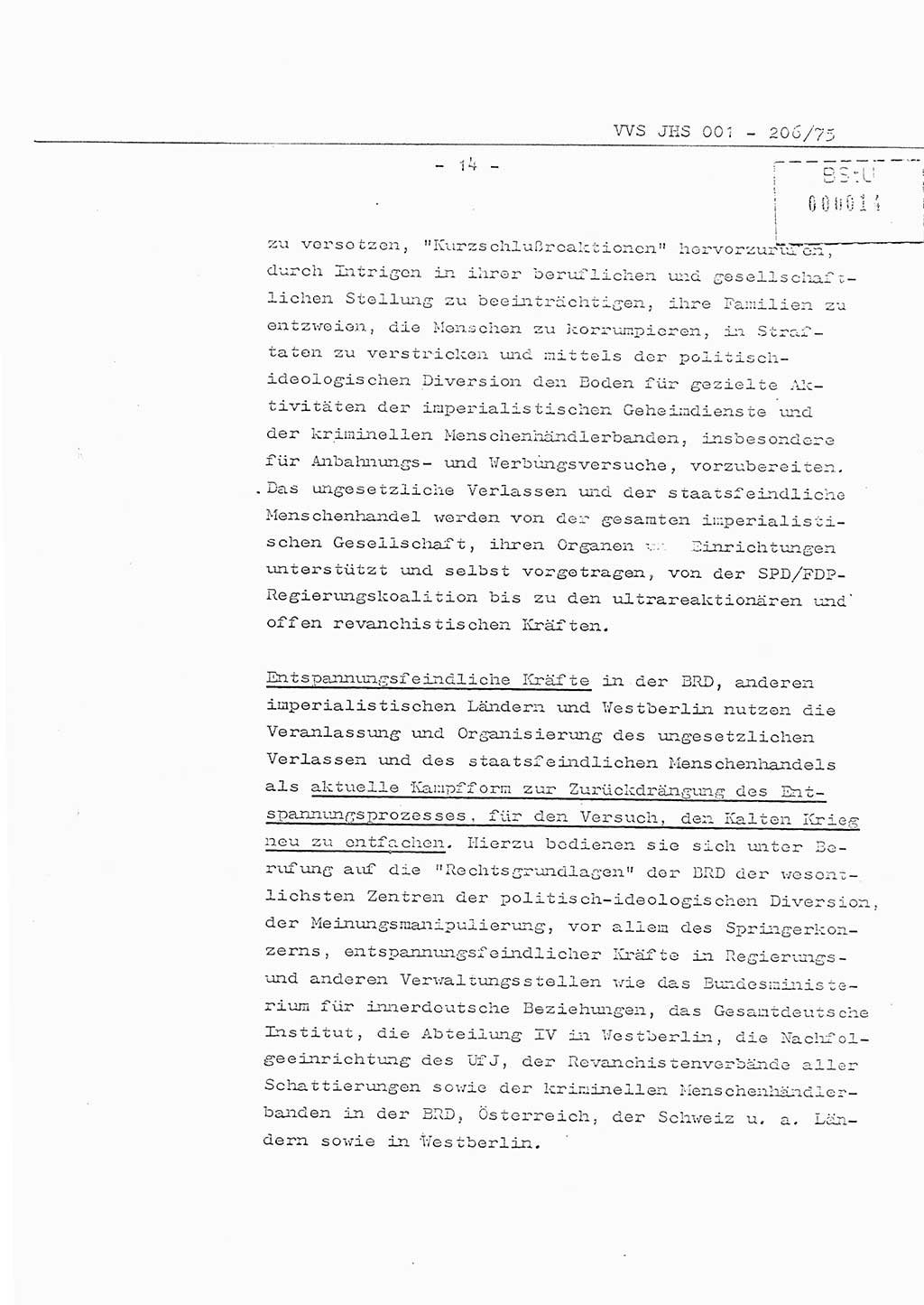 Organisierung der Vorbeugung, Aufklärung und Verhinderung des ungesetzlichen Verlassens der DDR und der Bekämpfung des staatsfeindlichen Menschenhandels, Schulungsmaterial, Ministerium für Staatssicherheit (MfS) [Deutsche Demokratische Republik (DDR)], Juristische Hochschule (JHS), Vertrauliche Verschlußsache (VVS) 001-206/75, Potsdam 1975, Seite 14 (Sch.-Mat. MfS DDR JHS VVS 001-206/75 1975, S. 14)