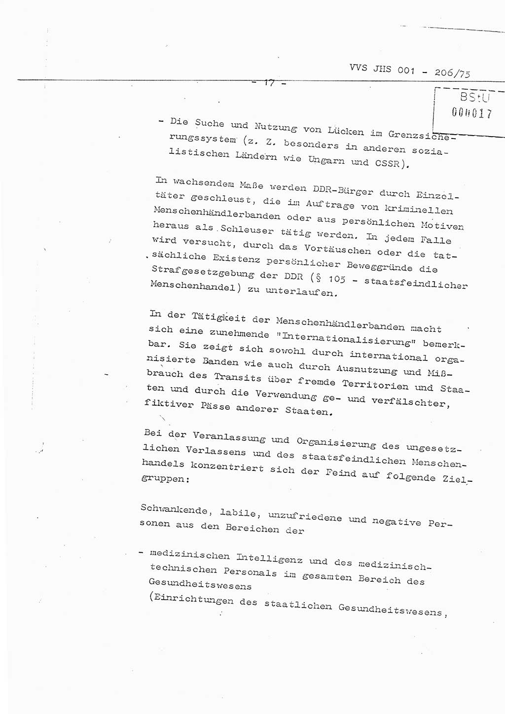 Organisierung der Vorbeugung, Aufklärung und Verhinderung des ungesetzlichen Verlassens der DDR und der Bekämpfung des staatsfeindlichen Menschenhandels, Schulungsmaterial, Ministerium für Staatssicherheit (MfS) [Deutsche Demokratische Republik (DDR)], Juristische Hochschule (JHS), Vertrauliche Verschlußsache (VVS) 001-206/75, Potsdam 1975, Seite 17 (Sch.-Mat. MfS DDR JHS VVS 001-206/75 1975, S. 17)