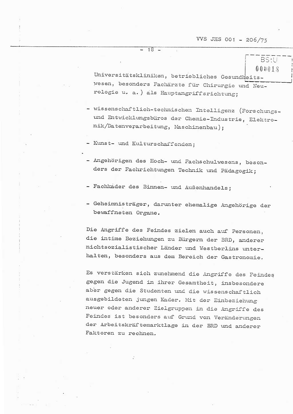 Organisierung der Vorbeugung, Aufklärung und Verhinderung des ungesetzlichen Verlassens der DDR und der Bekämpfung des staatsfeindlichen Menschenhandels, Schulungsmaterial, Ministerium für Staatssicherheit (MfS) [Deutsche Demokratische Republik (DDR)], Juristische Hochschule (JHS), Vertrauliche Verschlußsache (VVS) 001-206/75, Potsdam 1975, Seite 18 (Sch.-Mat. MfS DDR JHS VVS 001-206/75 1975, S. 18)