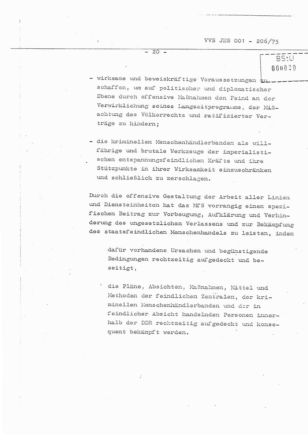 Organisierung der Vorbeugung, Aufklärung und Verhinderung des ungesetzlichen Verlassens der DDR und der Bekämpfung des staatsfeindlichen Menschenhandels, Schulungsmaterial, Ministerium für Staatssicherheit (MfS) [Deutsche Demokratische Republik (DDR)], Juristische Hochschule (JHS), Vertrauliche Verschlußsache (VVS) 001-206/75, Potsdam 1975, Seite 20 (Sch.-Mat. MfS DDR JHS VVS 001-206/75 1975, S. 20)