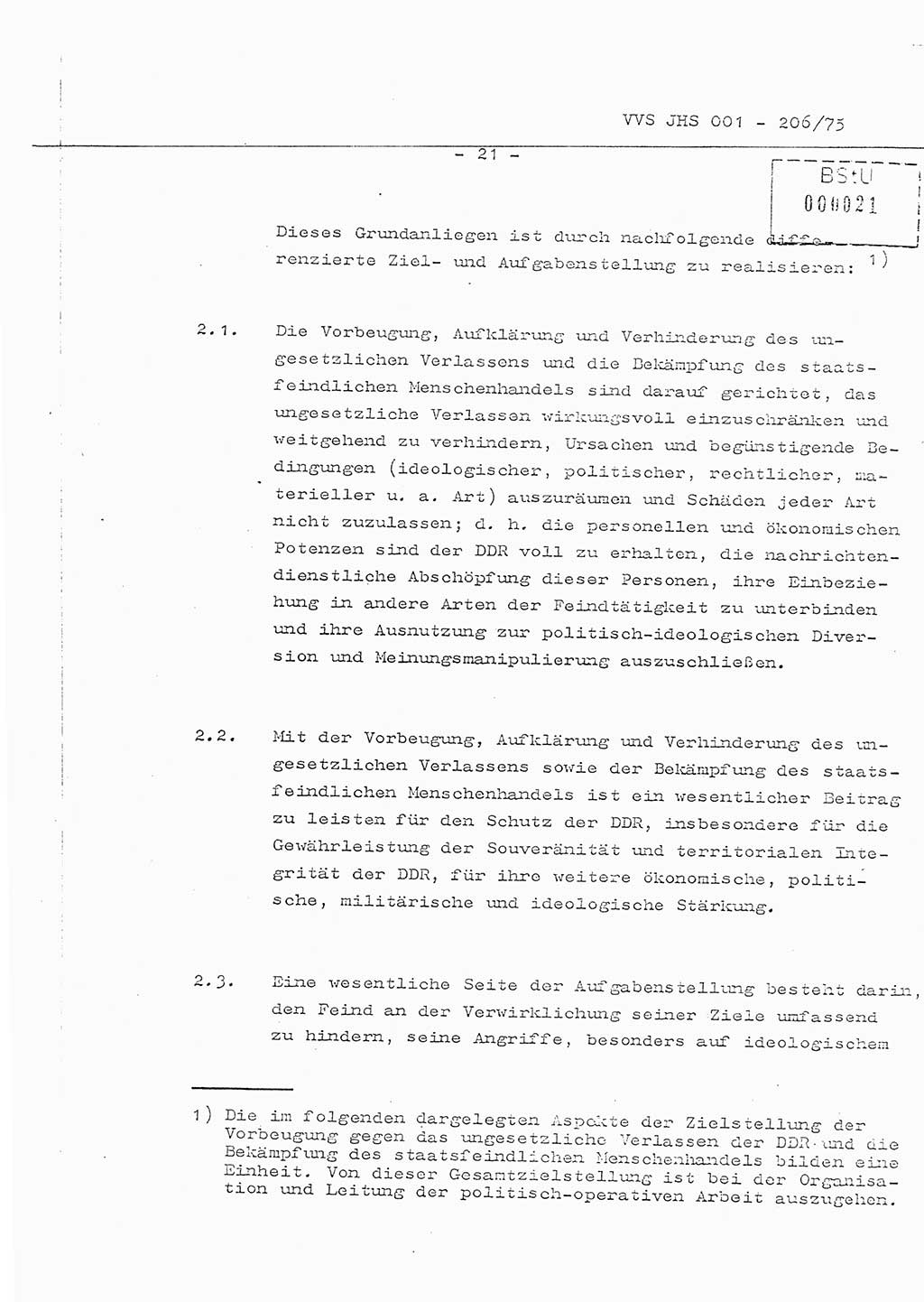 Organisierung der Vorbeugung, Aufklärung und Verhinderung des ungesetzlichen Verlassens der DDR und der Bekämpfung des staatsfeindlichen Menschenhandels, Schulungsmaterial, Ministerium für Staatssicherheit (MfS) [Deutsche Demokratische Republik (DDR)], Juristische Hochschule (JHS), Vertrauliche Verschlußsache (VVS) 001-206/75, Potsdam 1975, Seite 21 (Sch.-Mat. MfS DDR JHS VVS 001-206/75 1975, S. 21)