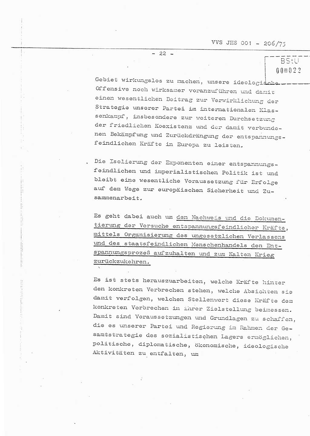 Organisierung der Vorbeugung, Aufklärung und Verhinderung des ungesetzlichen Verlassens der DDR und der Bekämpfung des staatsfeindlichen Menschenhandels, Schulungsmaterial, Ministerium für Staatssicherheit (MfS) [Deutsche Demokratische Republik (DDR)], Juristische Hochschule (JHS), Vertrauliche Verschlußsache (VVS) 001-206/75, Potsdam 1975, Seite 22 (Sch.-Mat. MfS DDR JHS VVS 001-206/75 1975, S. 22)