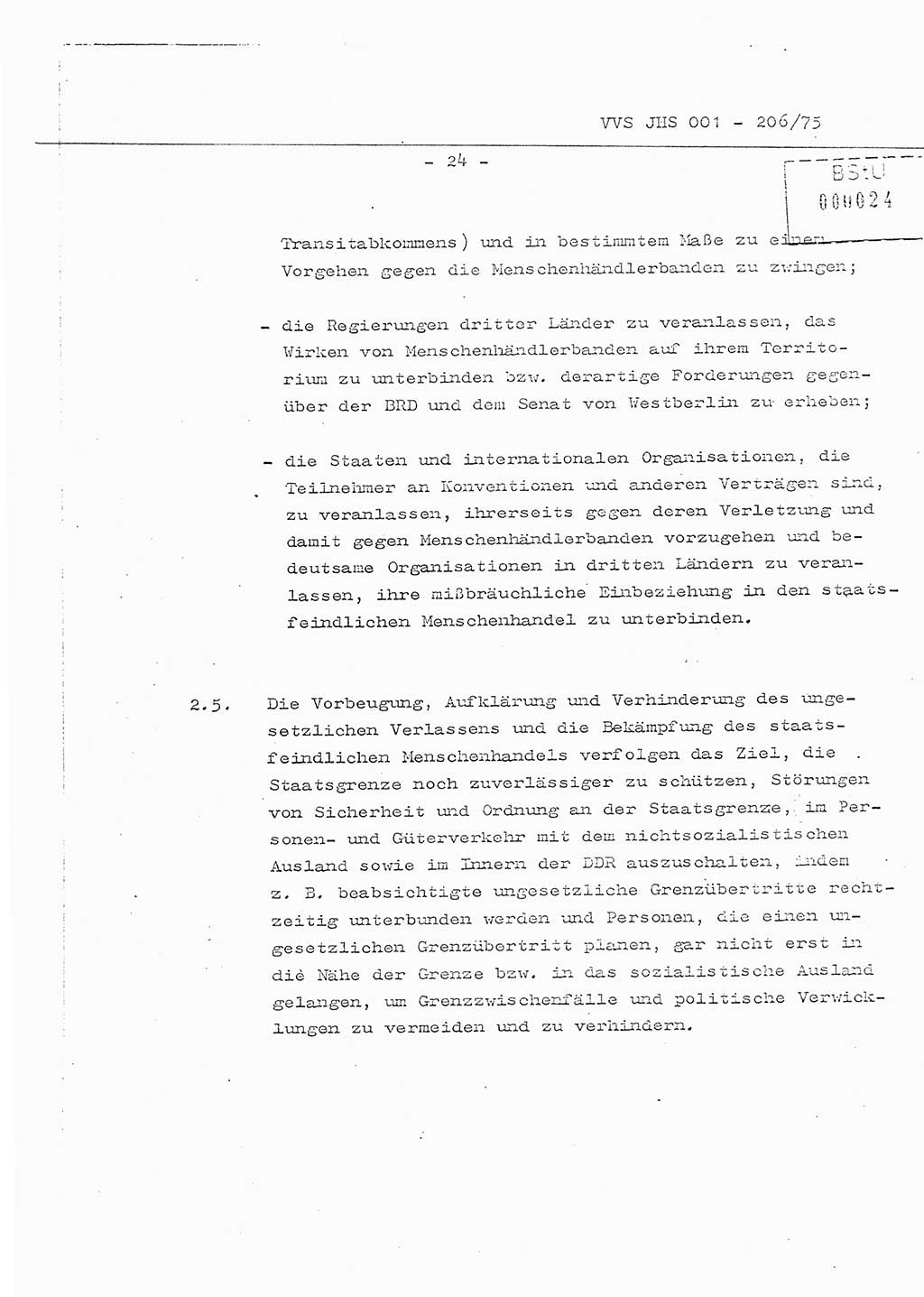 Organisierung der Vorbeugung, Aufklärung und Verhinderung des ungesetzlichen Verlassens der DDR und der Bekämpfung des staatsfeindlichen Menschenhandels, Schulungsmaterial, Ministerium für Staatssicherheit (MfS) [Deutsche Demokratische Republik (DDR)], Juristische Hochschule (JHS), Vertrauliche Verschlußsache (VVS) 001-206/75, Potsdam 1975, Seite 24 (Sch.-Mat. MfS DDR JHS VVS 001-206/75 1975, S. 24)