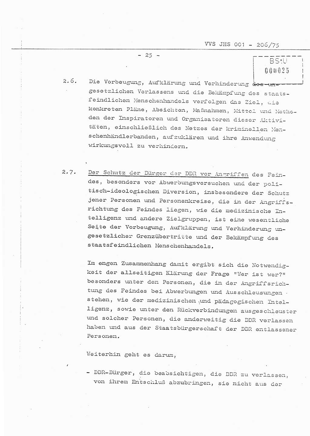 Organisierung der Vorbeugung, Aufklärung und Verhinderung des ungesetzlichen Verlassens der DDR und der Bekämpfung des staatsfeindlichen Menschenhandels, Schulungsmaterial, Ministerium für Staatssicherheit (MfS) [Deutsche Demokratische Republik (DDR)], Juristische Hochschule (JHS), Vertrauliche Verschlußsache (VVS) 001-206/75, Potsdam 1975, Seite 25 (Sch.-Mat. MfS DDR JHS VVS 001-206/75 1975, S. 25)