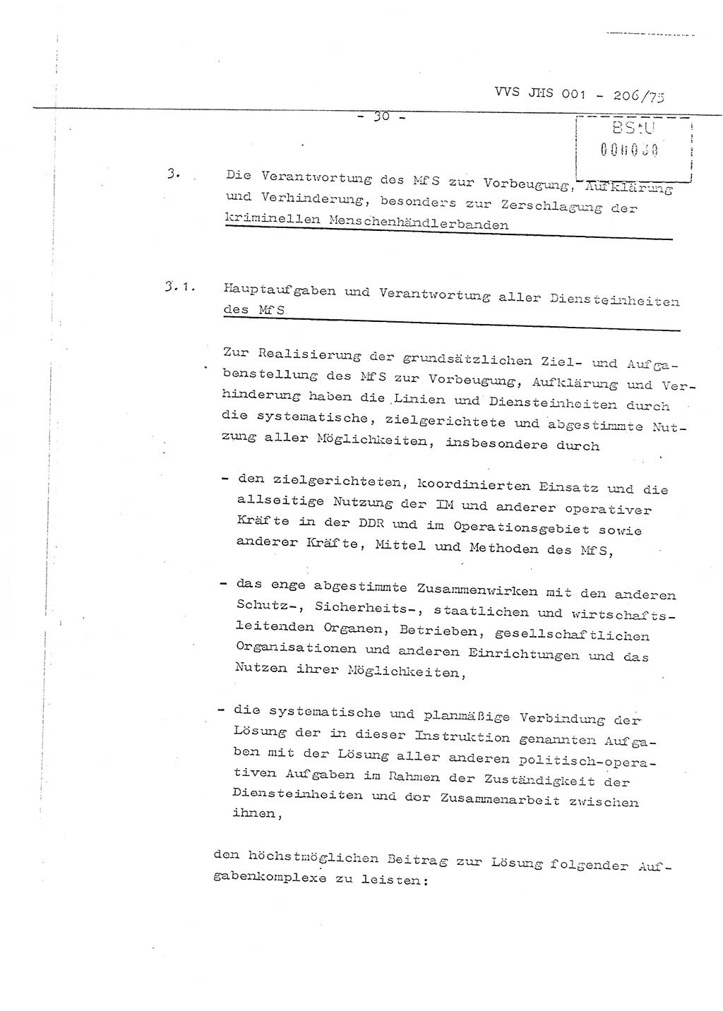 Organisierung der Vorbeugung, Aufklärung und Verhinderung des ungesetzlichen Verlassens der DDR und der Bekämpfung des staatsfeindlichen Menschenhandels, Schulungsmaterial, Ministerium für Staatssicherheit (MfS) [Deutsche Demokratische Republik (DDR)], Juristische Hochschule (JHS), Vertrauliche Verschlußsache (VVS) 001-206/75, Potsdam 1975, Seite 30 (Sch.-Mat. MfS DDR JHS VVS 001-206/75 1975, S. 30)