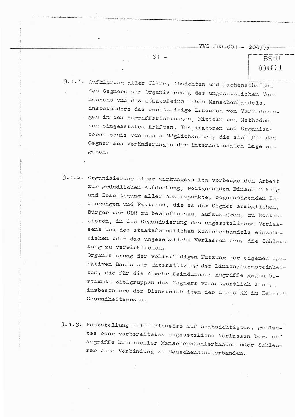 Organisierung der Vorbeugung, Aufklärung und Verhinderung des ungesetzlichen Verlassens der DDR und der Bekämpfung des staatsfeindlichen Menschenhandels, Schulungsmaterial, Ministerium für Staatssicherheit (MfS) [Deutsche Demokratische Republik (DDR)], Juristische Hochschule (JHS), Vertrauliche Verschlußsache (VVS) 001-206/75, Potsdam 1975, Seite 31 (Sch.-Mat. MfS DDR JHS VVS 001-206/75 1975, S. 31)