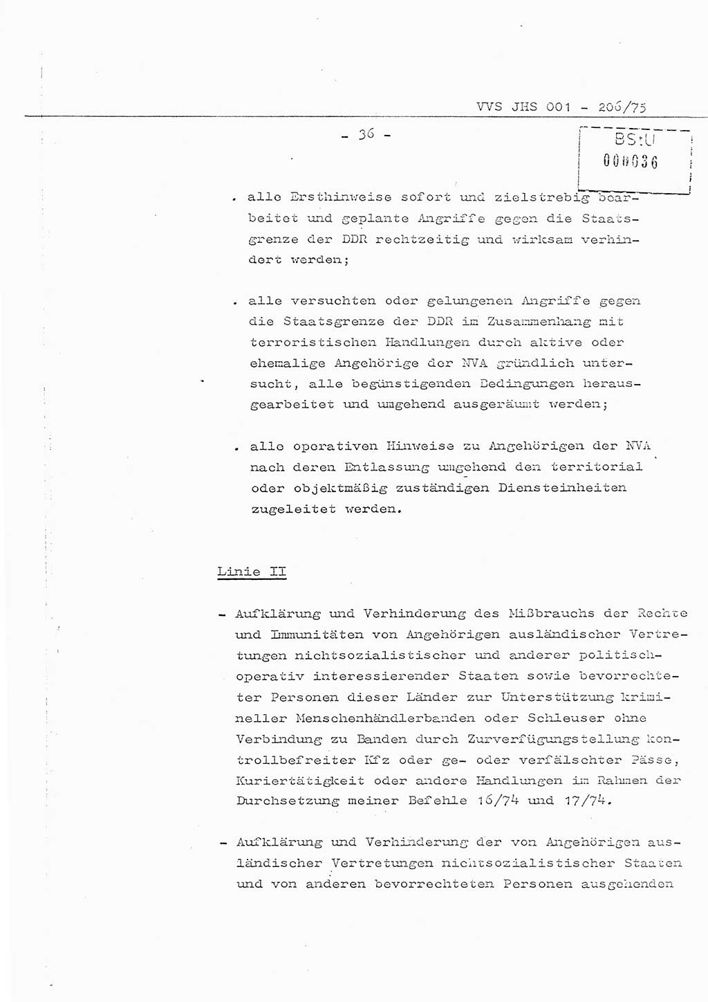 Organisierung der Vorbeugung, Aufklärung und Verhinderung des ungesetzlichen Verlassens der DDR und der Bekämpfung des staatsfeindlichen Menschenhandels, Schulungsmaterial, Ministerium für Staatssicherheit (MfS) [Deutsche Demokratische Republik (DDR)], Juristische Hochschule (JHS), Vertrauliche Verschlußsache (VVS) 001-206/75, Potsdam 1975, Seite 36 (Sch.-Mat. MfS DDR JHS VVS 001-206/75 1975, S. 36)