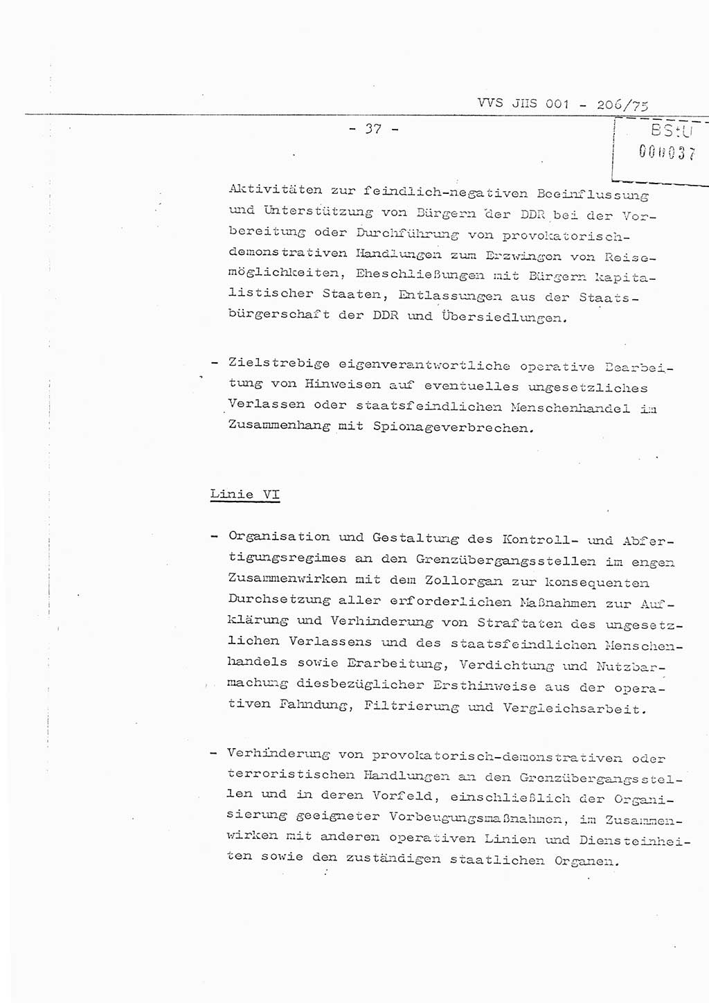 Organisierung der Vorbeugung, Aufklärung und Verhinderung des ungesetzlichen Verlassens der DDR und der Bekämpfung des staatsfeindlichen Menschenhandels, Schulungsmaterial, Ministerium für Staatssicherheit (MfS) [Deutsche Demokratische Republik (DDR)], Juristische Hochschule (JHS), Vertrauliche Verschlußsache (VVS) 001-206/75, Potsdam 1975, Seite 37 (Sch.-Mat. MfS DDR JHS VVS 001-206/75 1975, S. 37)