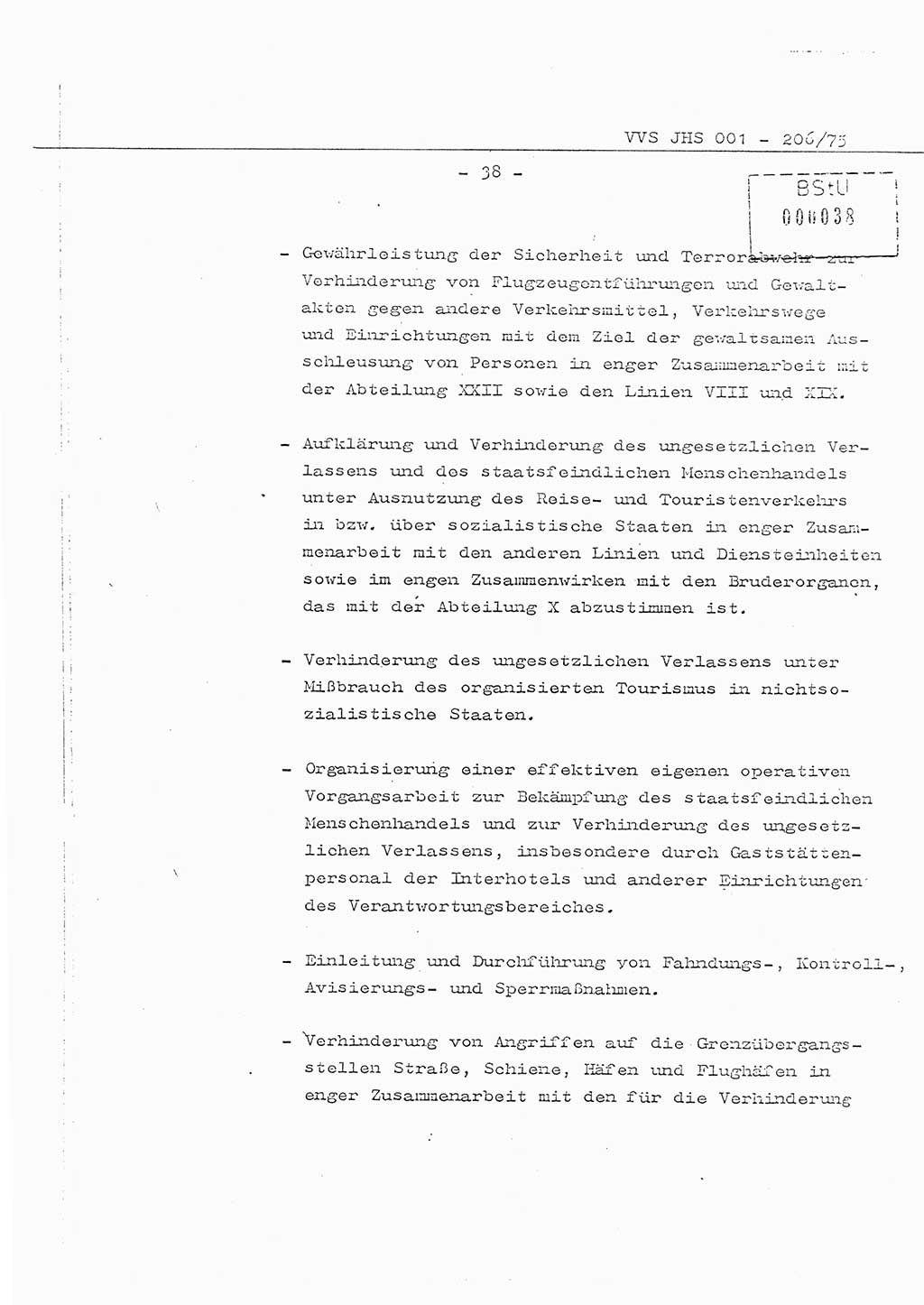 Organisierung der Vorbeugung, Aufklärung und Verhinderung des ungesetzlichen Verlassens der DDR und der Bekämpfung des staatsfeindlichen Menschenhandels, Schulungsmaterial, Ministerium für Staatssicherheit (MfS) [Deutsche Demokratische Republik (DDR)], Juristische Hochschule (JHS), Vertrauliche Verschlußsache (VVS) 001-206/75, Potsdam 1975, Seite 38 (Sch.-Mat. MfS DDR JHS VVS 001-206/75 1975, S. 38)