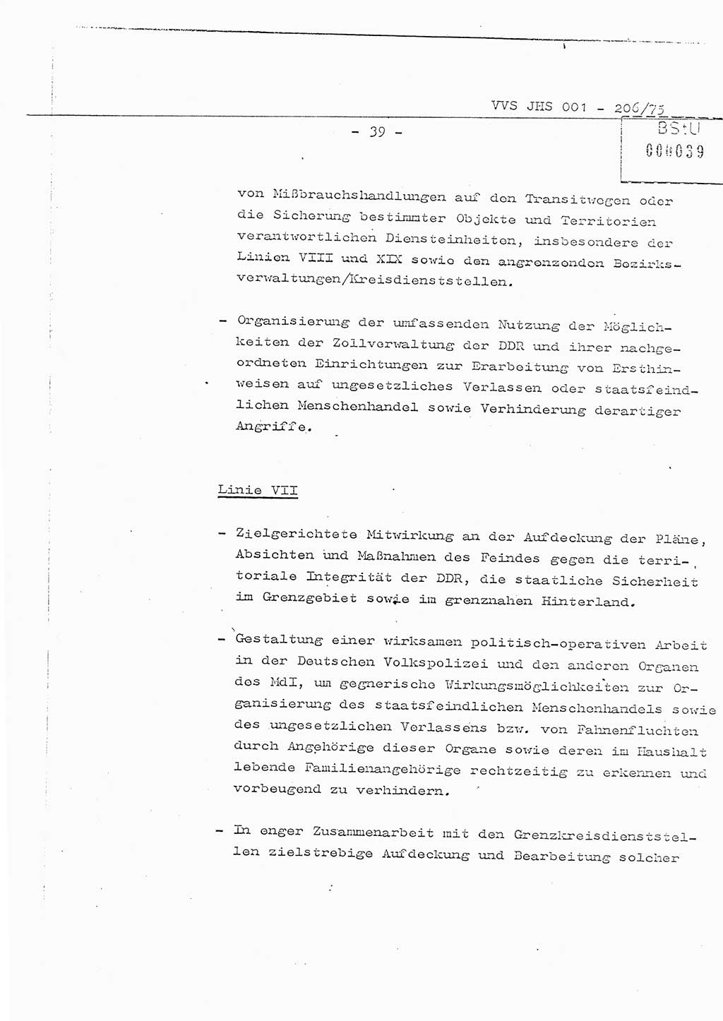 Organisierung der Vorbeugung, Aufklärung und Verhinderung des ungesetzlichen Verlassens der DDR und der Bekämpfung des staatsfeindlichen Menschenhandels, Schulungsmaterial, Ministerium für Staatssicherheit (MfS) [Deutsche Demokratische Republik (DDR)], Juristische Hochschule (JHS), Vertrauliche Verschlußsache (VVS) 001-206/75, Potsdam 1975, Seite 39 (Sch.-Mat. MfS DDR JHS VVS 001-206/75 1975, S. 39)