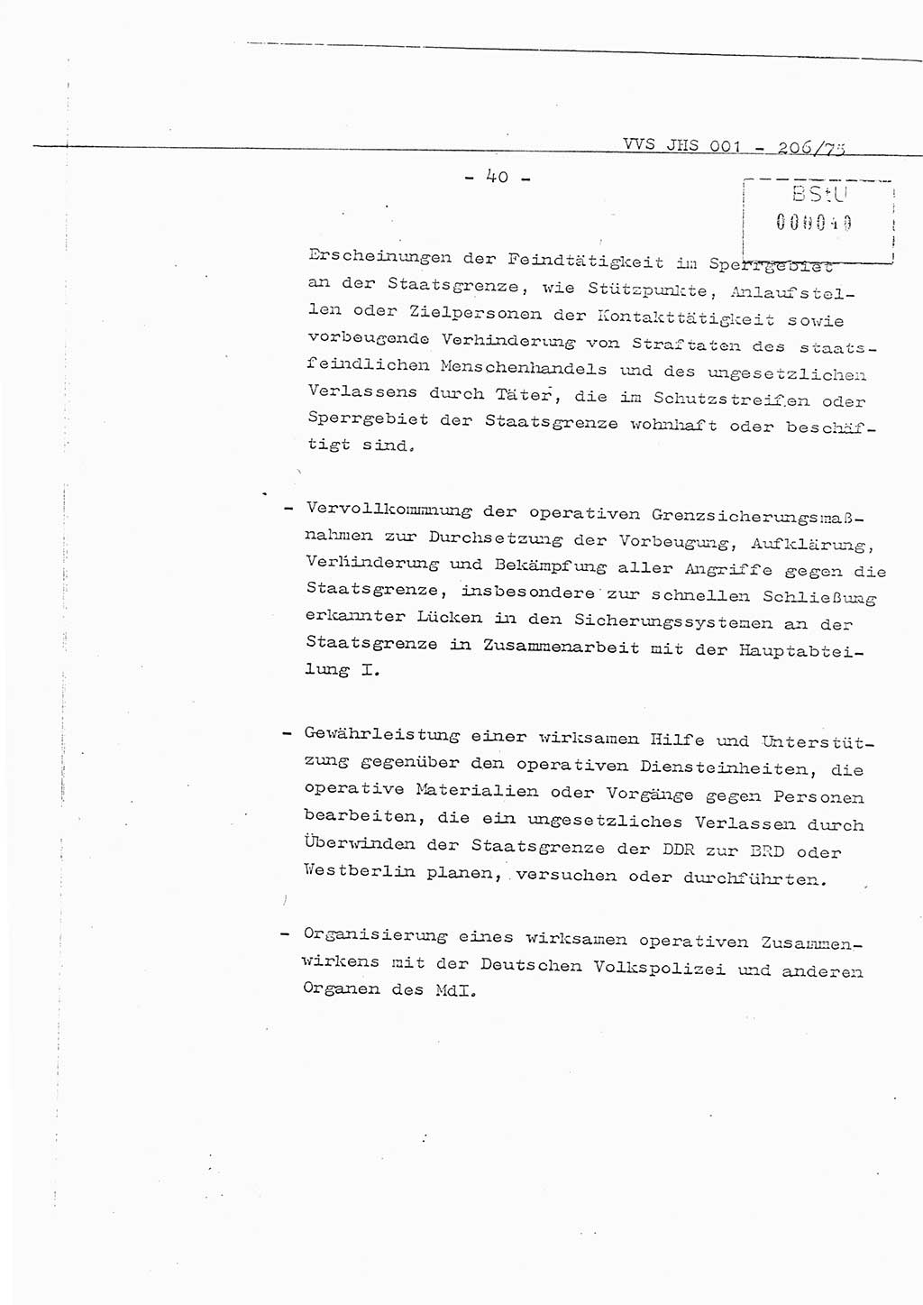 Organisierung der Vorbeugung, Aufklärung und Verhinderung des ungesetzlichen Verlassens der DDR und der Bekämpfung des staatsfeindlichen Menschenhandels, Schulungsmaterial, Ministerium für Staatssicherheit (MfS) [Deutsche Demokratische Republik (DDR)], Juristische Hochschule (JHS), Vertrauliche Verschlußsache (VVS) 001-206/75, Potsdam 1975, Seite 40 (Sch.-Mat. MfS DDR JHS VVS 001-206/75 1975, S. 40)