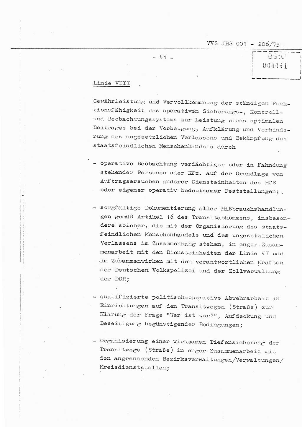 Organisierung der Vorbeugung, Aufklärung und Verhinderung des ungesetzlichen Verlassens der DDR und der Bekämpfung des staatsfeindlichen Menschenhandels, Schulungsmaterial, Ministerium für Staatssicherheit (MfS) [Deutsche Demokratische Republik (DDR)], Juristische Hochschule (JHS), Vertrauliche Verschlußsache (VVS) 001-206/75, Potsdam 1975, Seite 41 (Sch.-Mat. MfS DDR JHS VVS 001-206/75 1975, S. 41)