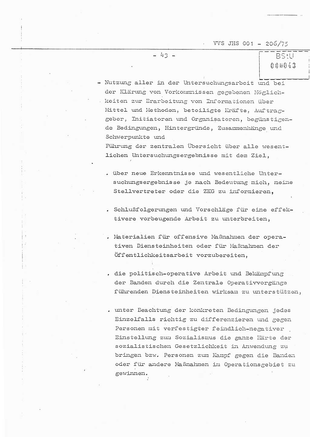 Organisierung der Vorbeugung, Aufklärung und Verhinderung des ungesetzlichen Verlassens der DDR und der Bekämpfung des staatsfeindlichen Menschenhandels, Schulungsmaterial, Ministerium für Staatssicherheit (MfS) [Deutsche Demokratische Republik (DDR)], Juristische Hochschule (JHS), Vertrauliche Verschlußsache (VVS) 001-206/75, Potsdam 1975, Seite 43 (Sch.-Mat. MfS DDR JHS VVS 001-206/75 1975, S. 43)