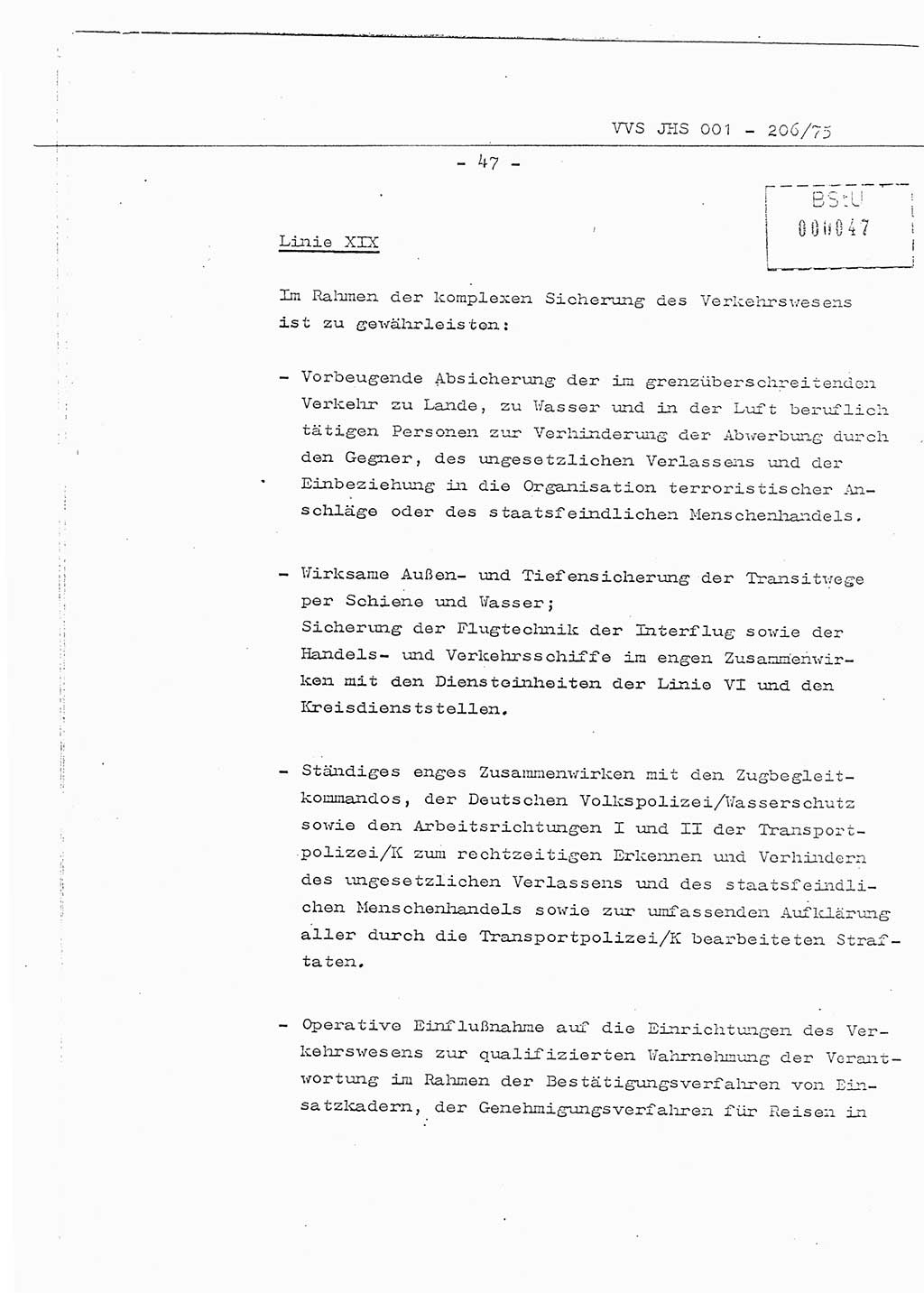 Organisierung der Vorbeugung, Aufklärung und Verhinderung des ungesetzlichen Verlassens der DDR und der Bekämpfung des staatsfeindlichen Menschenhandels, Schulungsmaterial, Ministerium für Staatssicherheit (MfS) [Deutsche Demokratische Republik (DDR)], Juristische Hochschule (JHS), Vertrauliche Verschlußsache (VVS) 001-206/75, Potsdam 1975, Seite 47 (Sch.-Mat. MfS DDR JHS VVS 001-206/75 1975, S. 47)