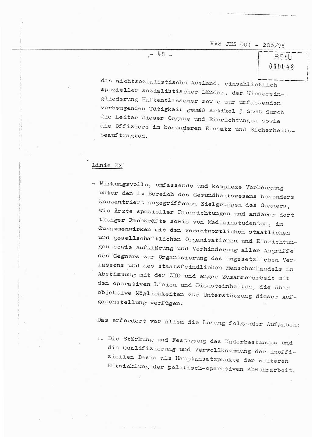 Organisierung der Vorbeugung, Aufklärung und Verhinderung des ungesetzlichen Verlassens der DDR und der Bekämpfung des staatsfeindlichen Menschenhandels, Schulungsmaterial, Ministerium für Staatssicherheit (MfS) [Deutsche Demokratische Republik (DDR)], Juristische Hochschule (JHS), Vertrauliche Verschlußsache (VVS) 001-206/75, Potsdam 1975, Seite 48 (Sch.-Mat. MfS DDR JHS VVS 001-206/75 1975, S. 48)