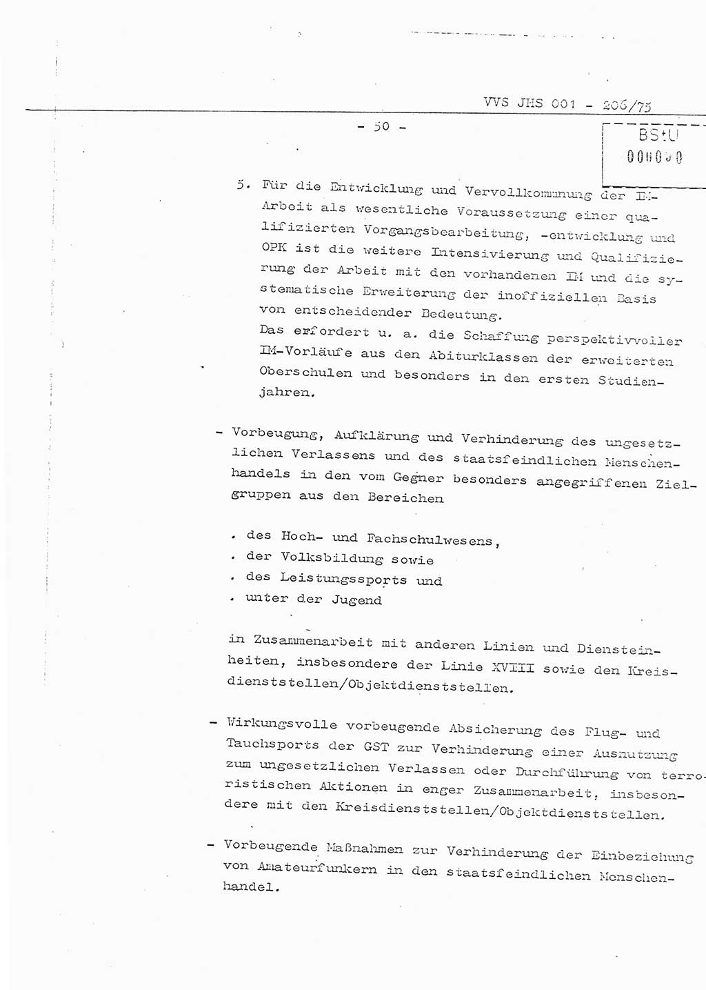 Organisierung der Vorbeugung, Aufklärung und Verhinderung des ungesetzlichen Verlassens der DDR und der Bekämpfung des staatsfeindlichen Menschenhandels, Schulungsmaterial, Ministerium für Staatssicherheit (MfS) [Deutsche Demokratische Republik (DDR)], Juristische Hochschule (JHS), Vertrauliche Verschlußsache (VVS) 001-206/75, Potsdam 1975, Seite 50 (Sch.-Mat. MfS DDR JHS VVS 001-206/75 1975, S. 50)