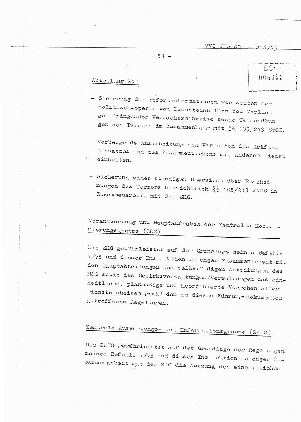 Organisierung der Vorbeugung, Aufklärung und Verhinderung des ungesetzlichen Verlassens der DDR und der Bekämpfung des staatsfeindlichen Menschenhandels, Schulungsmaterial, Ministerium für Staatssicherheit (MfS) [Deutsche Demokratische Republik (DDR)], Juristische Hochschule (JHS), Vertrauliche Verschlußsache (VVS) 001-206/75, Potsdam 1975, Seite 53 (Sch.-Mat. MfS DDR JHS VVS 001-206/75 1975, S. 53)