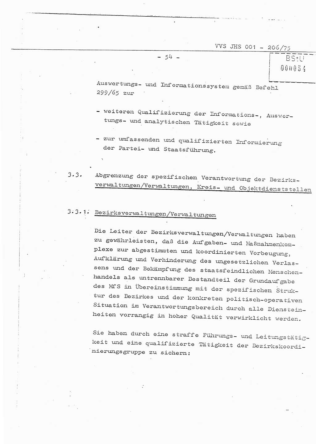 Organisierung der Vorbeugung, Aufklärung und Verhinderung des ungesetzlichen Verlassens der DDR und der Bekämpfung des staatsfeindlichen Menschenhandels, Schulungsmaterial, Ministerium für Staatssicherheit (MfS) [Deutsche Demokratische Republik (DDR)], Juristische Hochschule (JHS), Vertrauliche Verschlußsache (VVS) 001-206/75, Potsdam 1975, Seite 54 (Sch.-Mat. MfS DDR JHS VVS 001-206/75 1975, S. 54)