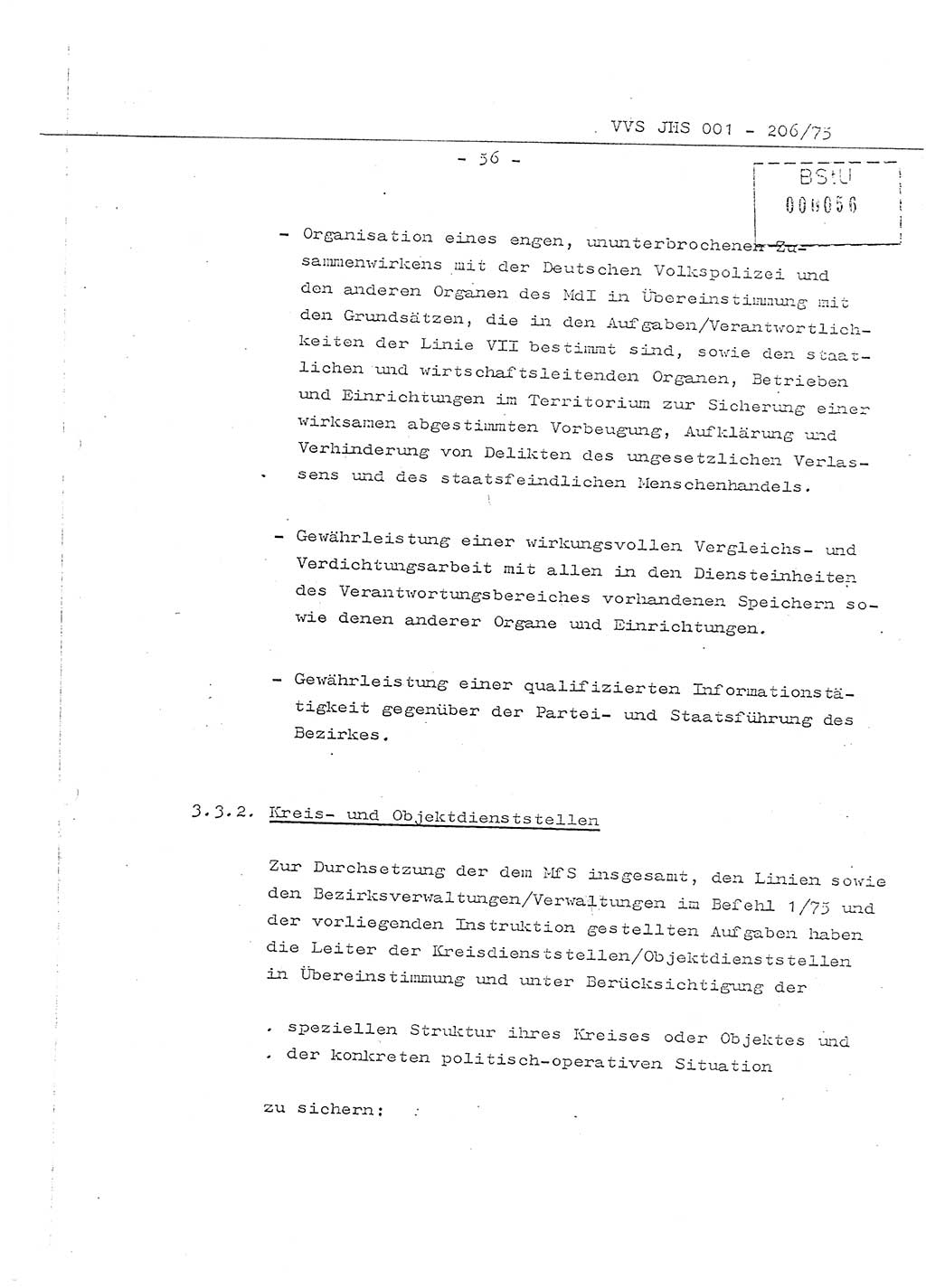 Organisierung der Vorbeugung, Aufklärung und Verhinderung des ungesetzlichen Verlassens der DDR und der Bekämpfung des staatsfeindlichen Menschenhandels, Schulungsmaterial, Ministerium für Staatssicherheit (MfS) [Deutsche Demokratische Republik (DDR)], Juristische Hochschule (JHS), Vertrauliche Verschlußsache (VVS) 001-206/75, Potsdam 1975, Seite 56 (Sch.-Mat. MfS DDR JHS VVS 001-206/75 1975, S. 56)