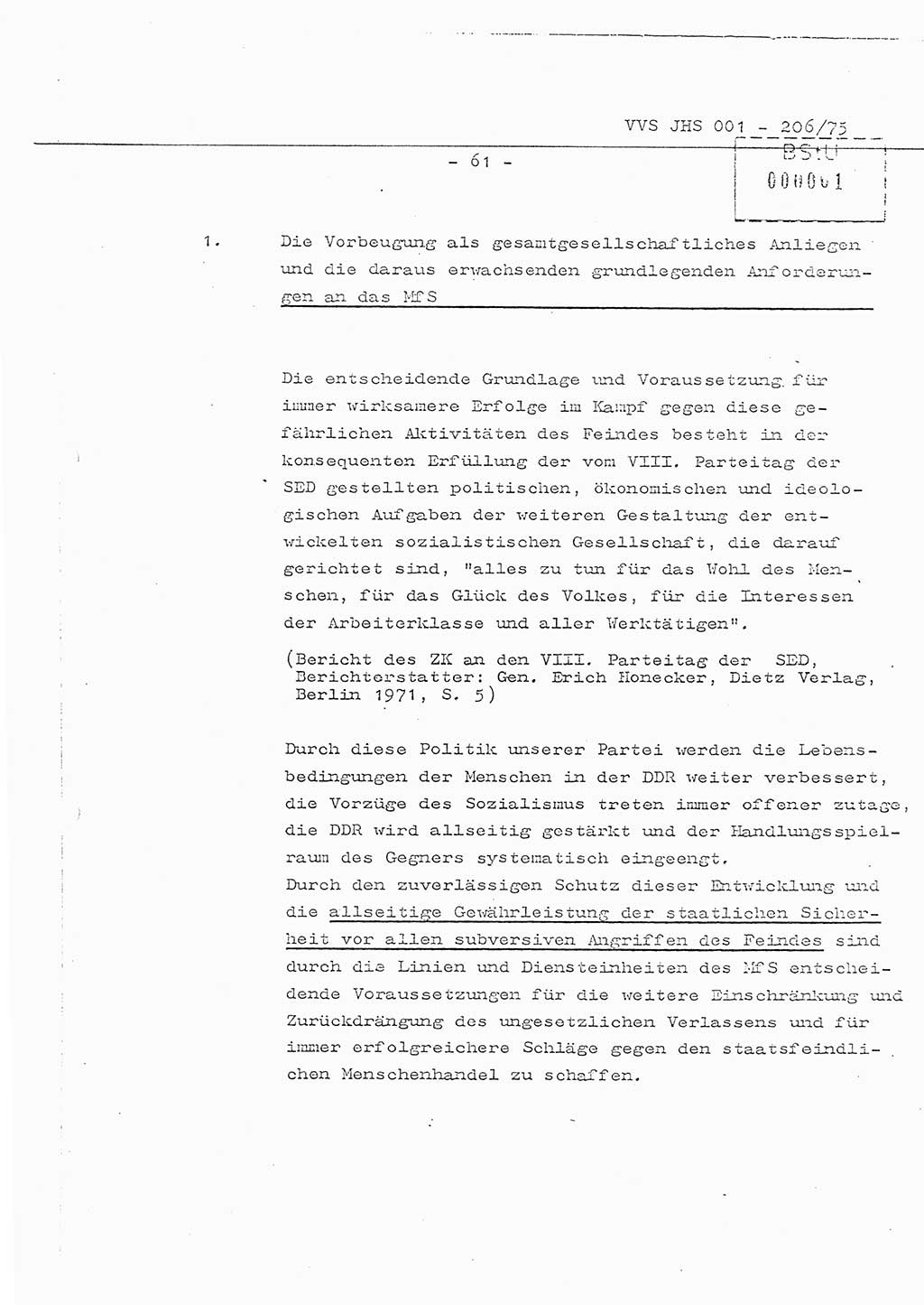 Organisierung der Vorbeugung, Aufklärung und Verhinderung des ungesetzlichen Verlassens der DDR und der Bekämpfung des staatsfeindlichen Menschenhandels, Schulungsmaterial, Ministerium für Staatssicherheit (MfS) [Deutsche Demokratische Republik (DDR)], Juristische Hochschule (JHS), Vertrauliche Verschlußsache (VVS) 001-206/75, Potsdam 1975, Seite 61 (Sch.-Mat. MfS DDR JHS VVS 001-206/75 1975, S. 61)