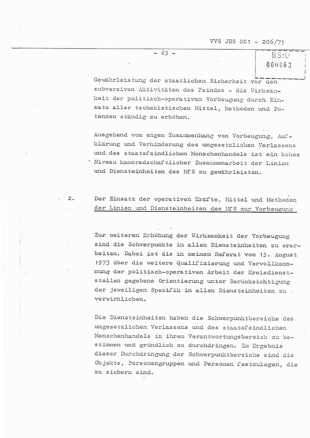 Organisierung der Vorbeugung, Aufklärung und Verhinderung des ungesetzlichen Verlassens der DDR und der Bekämpfung des staatsfeindlichen Menschenhandels, Schulungsmaterial, Ministerium für Staatssicherheit (MfS) [Deutsche Demokratische Republik (DDR)], Juristische Hochschule (JHS), Vertrauliche Verschlußsache (VVS) 001-206/75, Potsdam 1975, Seite 63 (Sch.-Mat. MfS DDR JHS VVS 001-206/75 1975, S. 63)