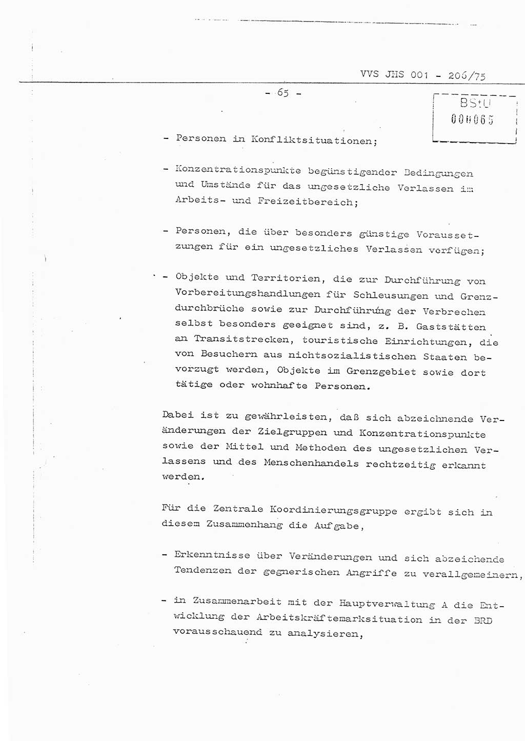 Organisierung der Vorbeugung, Aufklärung und Verhinderung des ungesetzlichen Verlassens der DDR und der Bekämpfung des staatsfeindlichen Menschenhandels, Schulungsmaterial, Ministerium für Staatssicherheit (MfS) [Deutsche Demokratische Republik (DDR)], Juristische Hochschule (JHS), Vertrauliche Verschlußsache (VVS) 001-206/75, Potsdam 1975, Seite 65 (Sch.-Mat. MfS DDR JHS VVS 001-206/75 1975, S. 65)