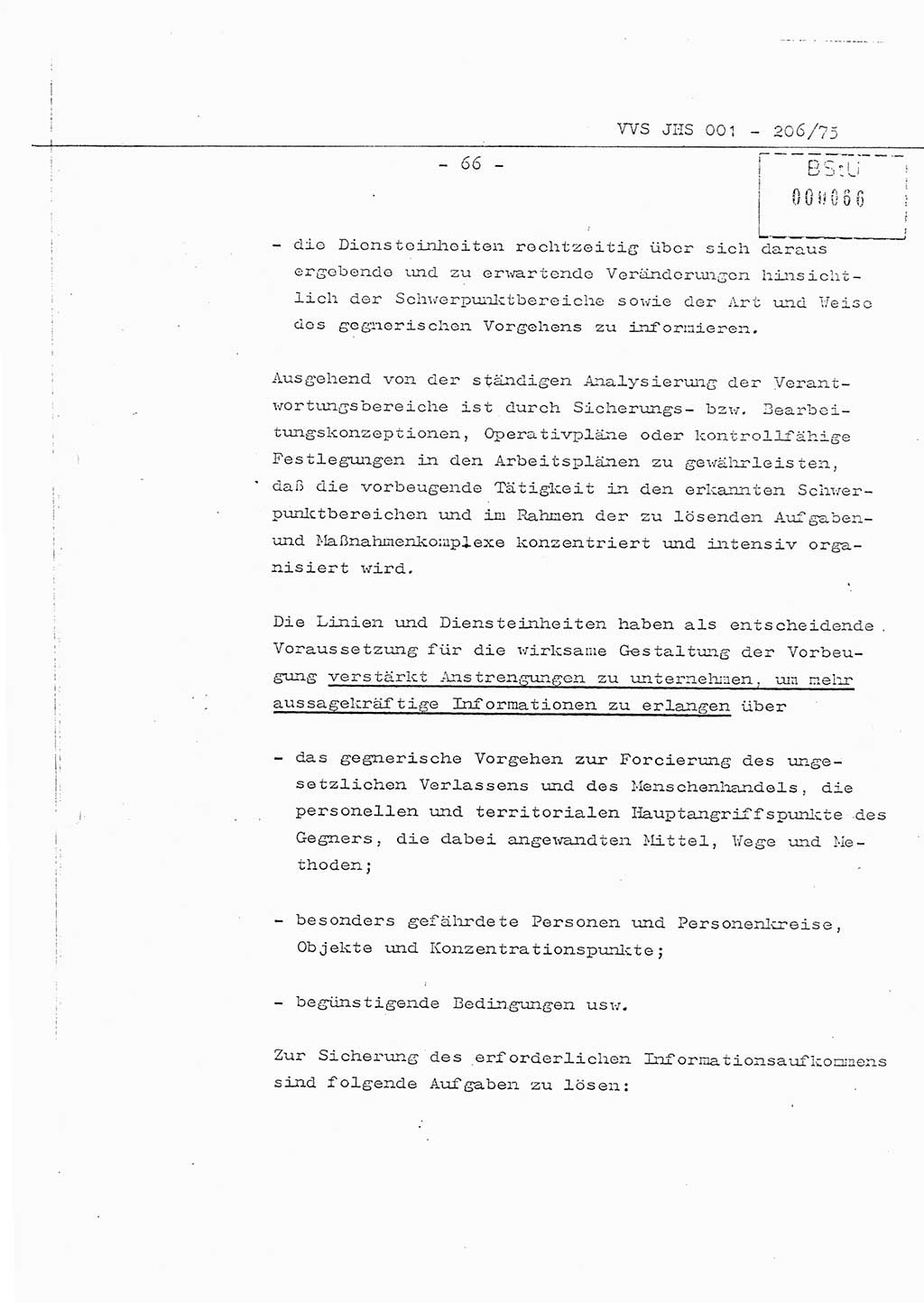 Organisierung der Vorbeugung, Aufklärung und Verhinderung des ungesetzlichen Verlassens der DDR und der Bekämpfung des staatsfeindlichen Menschenhandels, Schulungsmaterial, Ministerium für Staatssicherheit (MfS) [Deutsche Demokratische Republik (DDR)], Juristische Hochschule (JHS), Vertrauliche Verschlußsache (VVS) 001-206/75, Potsdam 1975, Seite 66 (Sch.-Mat. MfS DDR JHS VVS 001-206/75 1975, S. 66)