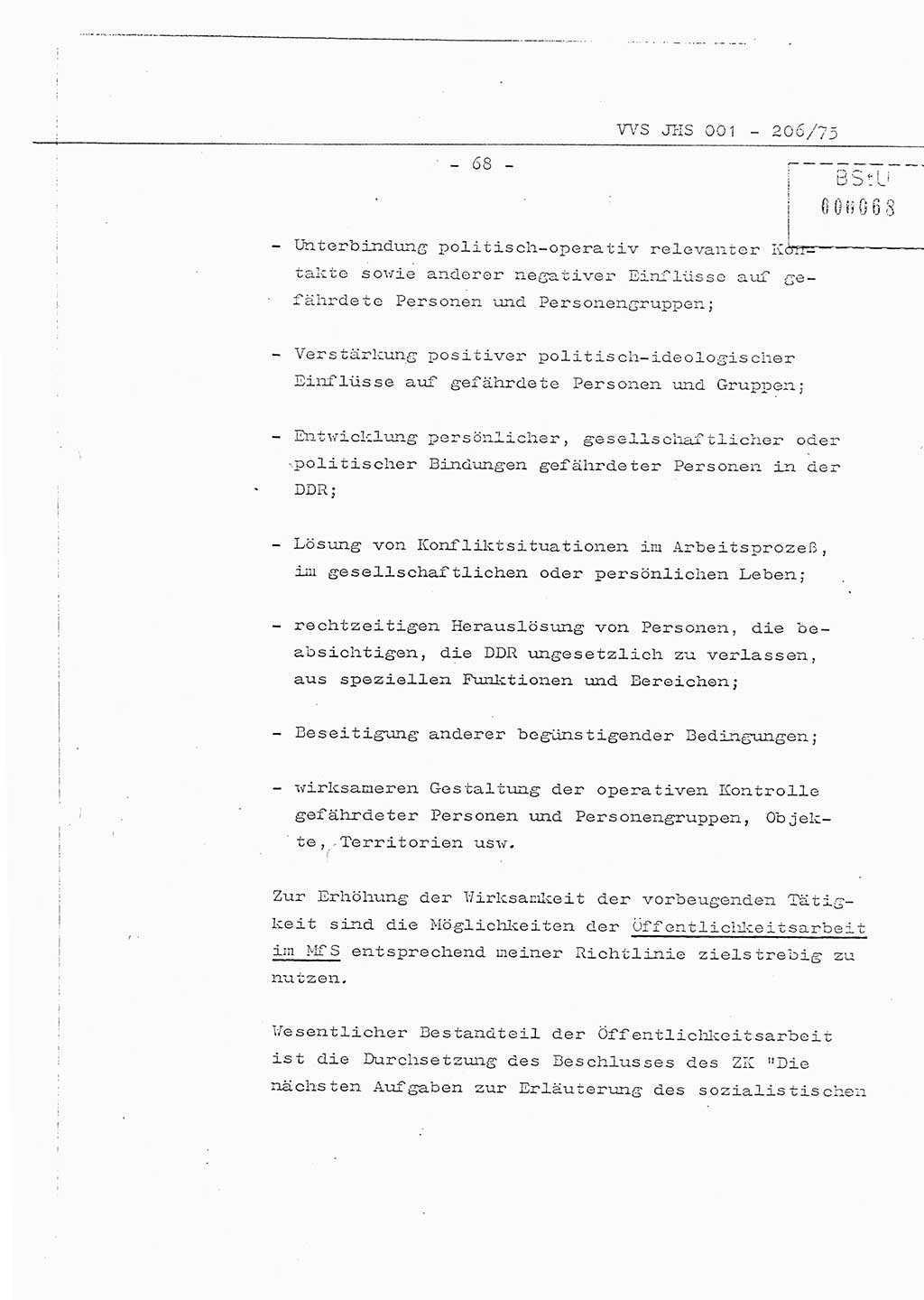 Organisierung der Vorbeugung, Aufklärung und Verhinderung des ungesetzlichen Verlassens der DDR und der Bekämpfung des staatsfeindlichen Menschenhandels, Schulungsmaterial, Ministerium für Staatssicherheit (MfS) [Deutsche Demokratische Republik (DDR)], Juristische Hochschule (JHS), Vertrauliche Verschlußsache (VVS) 001-206/75, Potsdam 1975, Seite 68 (Sch.-Mat. MfS DDR JHS VVS 001-206/75 1975, S. 68)