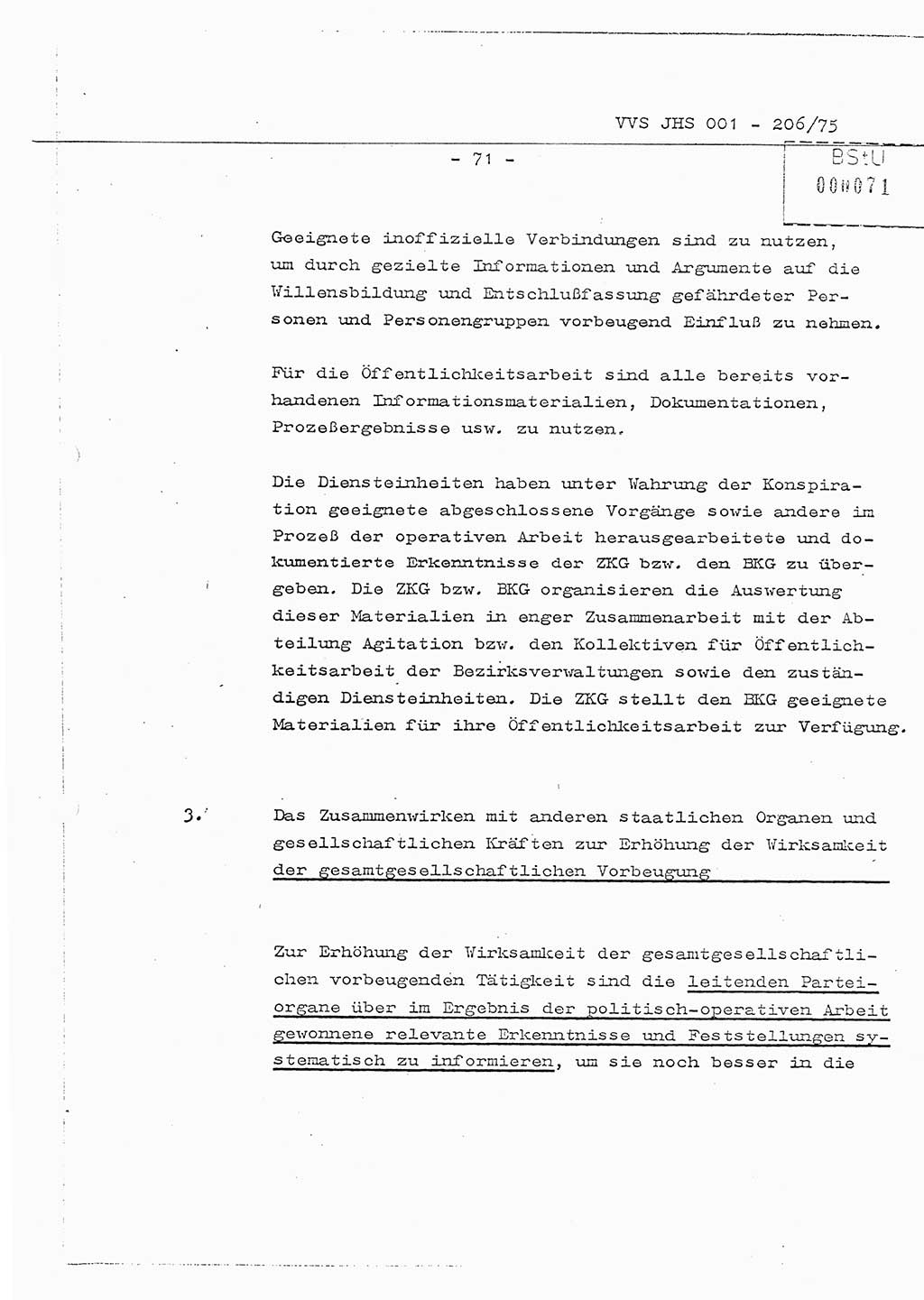 Organisierung der Vorbeugung, Aufklärung und Verhinderung des ungesetzlichen Verlassens der DDR und der Bekämpfung des staatsfeindlichen Menschenhandels, Schulungsmaterial, Ministerium für Staatssicherheit (MfS) [Deutsche Demokratische Republik (DDR)], Juristische Hochschule (JHS), Vertrauliche Verschlußsache (VVS) 001-206/75, Potsdam 1975, Seite 71 (Sch.-Mat. MfS DDR JHS VVS 001-206/75 1975, S. 71)