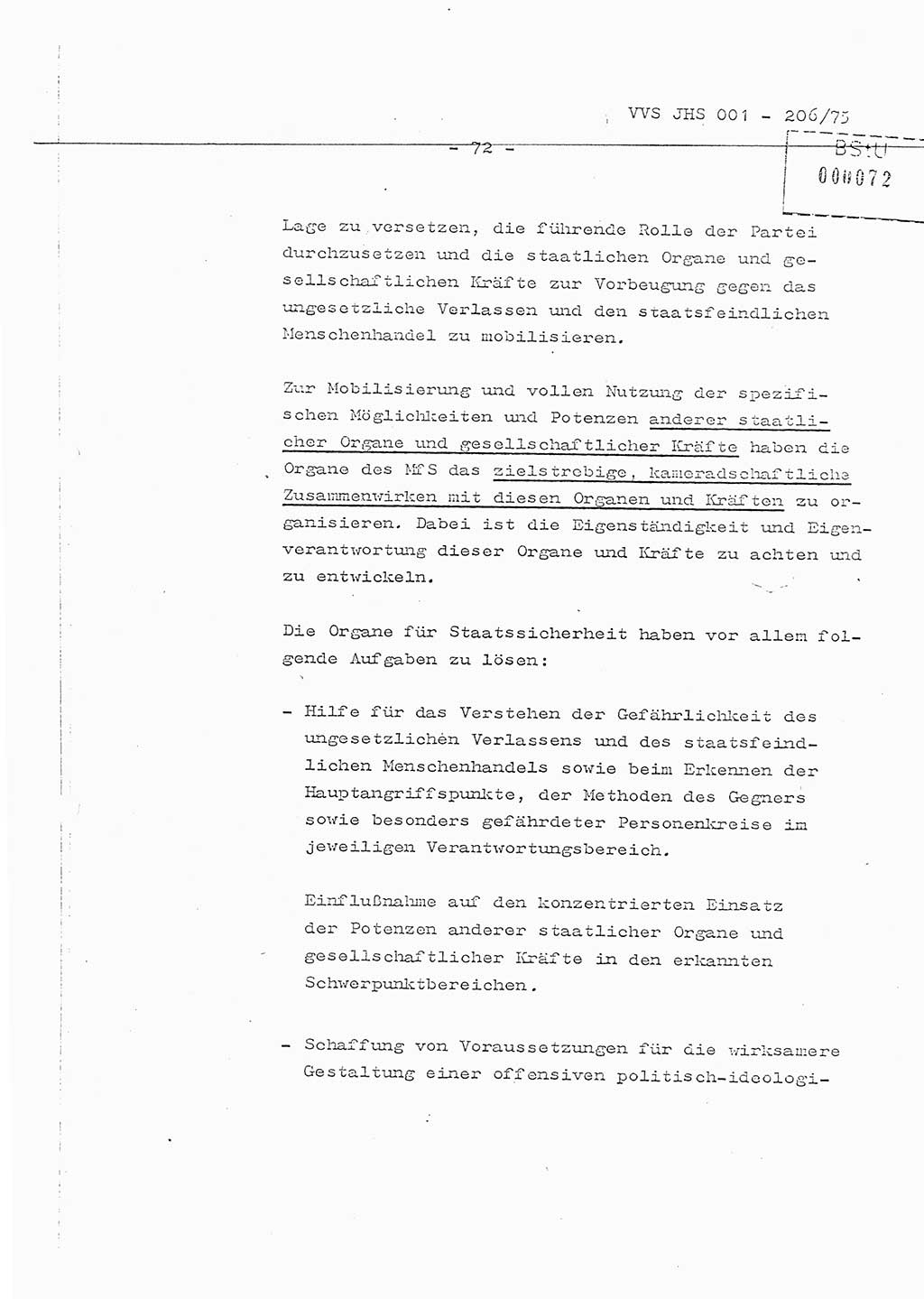 Organisierung der Vorbeugung, Aufklärung und Verhinderung des ungesetzlichen Verlassens der DDR und der Bekämpfung des staatsfeindlichen Menschenhandels, Schulungsmaterial, Ministerium für Staatssicherheit (MfS) [Deutsche Demokratische Republik (DDR)], Juristische Hochschule (JHS), Vertrauliche Verschlußsache (VVS) 001-206/75, Potsdam 1975, Seite 72 (Sch.-Mat. MfS DDR JHS VVS 001-206/75 1975, S. 72)