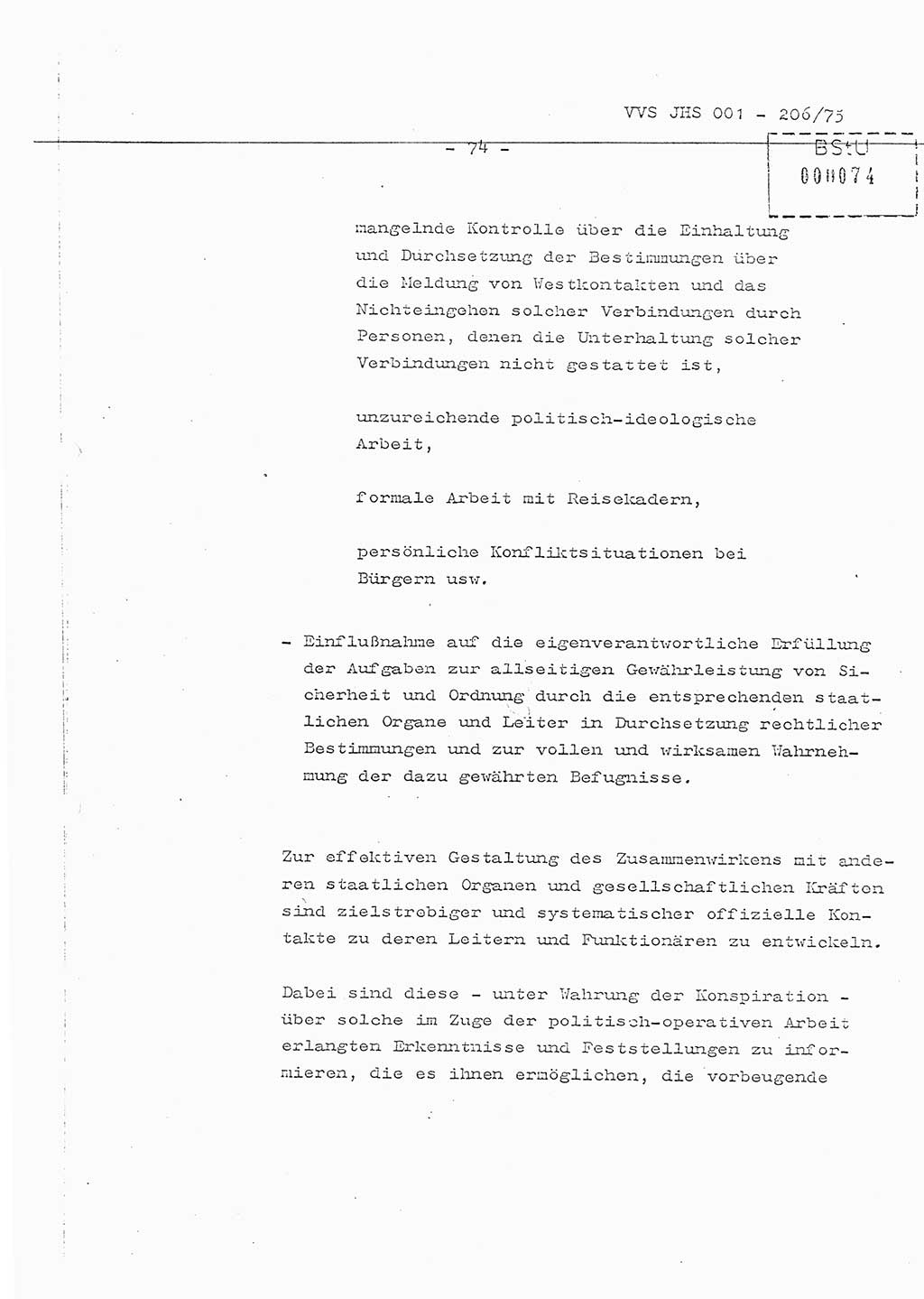 Organisierung der Vorbeugung, Aufklärung und Verhinderung des ungesetzlichen Verlassens der DDR und der Bekämpfung des staatsfeindlichen Menschenhandels, Schulungsmaterial, Ministerium für Staatssicherheit (MfS) [Deutsche Demokratische Republik (DDR)], Juristische Hochschule (JHS), Vertrauliche Verschlußsache (VVS) 001-206/75, Potsdam 1975, Seite 74 (Sch.-Mat. MfS DDR JHS VVS 001-206/75 1975, S. 74)