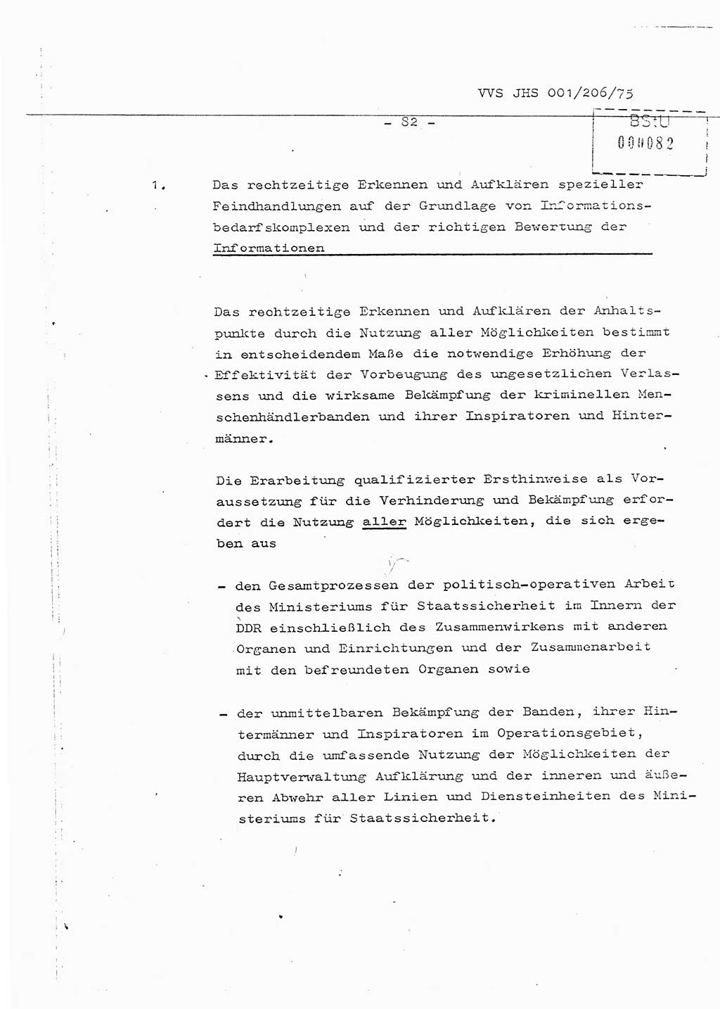 Organisierung der Vorbeugung, Aufklärung und Verhinderung des ungesetzlichen Verlassens der DDR und der Bekämpfung des staatsfeindlichen Menschenhandels, Schulungsmaterial, Ministerium für Staatssicherheit (MfS) [Deutsche Demokratische Republik (DDR)], Juristische Hochschule (JHS), Vertrauliche Verschlußsache (VVS) 001-206/75, Potsdam 1975, Seite 82 (Sch.-Mat. MfS DDR JHS VVS 001-206/75 1975, S. 82)