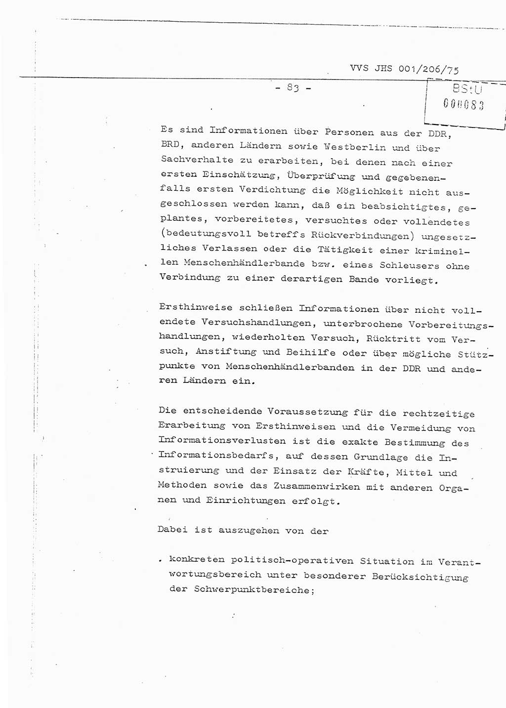 Organisierung der Vorbeugung, Aufklärung und Verhinderung des ungesetzlichen Verlassens der DDR und der Bekämpfung des staatsfeindlichen Menschenhandels, Schulungsmaterial, Ministerium für Staatssicherheit (MfS) [Deutsche Demokratische Republik (DDR)], Juristische Hochschule (JHS), Vertrauliche Verschlußsache (VVS) 001-206/75, Potsdam 1975, Seite 83 (Sch.-Mat. MfS DDR JHS VVS 001-206/75 1975, S. 83)