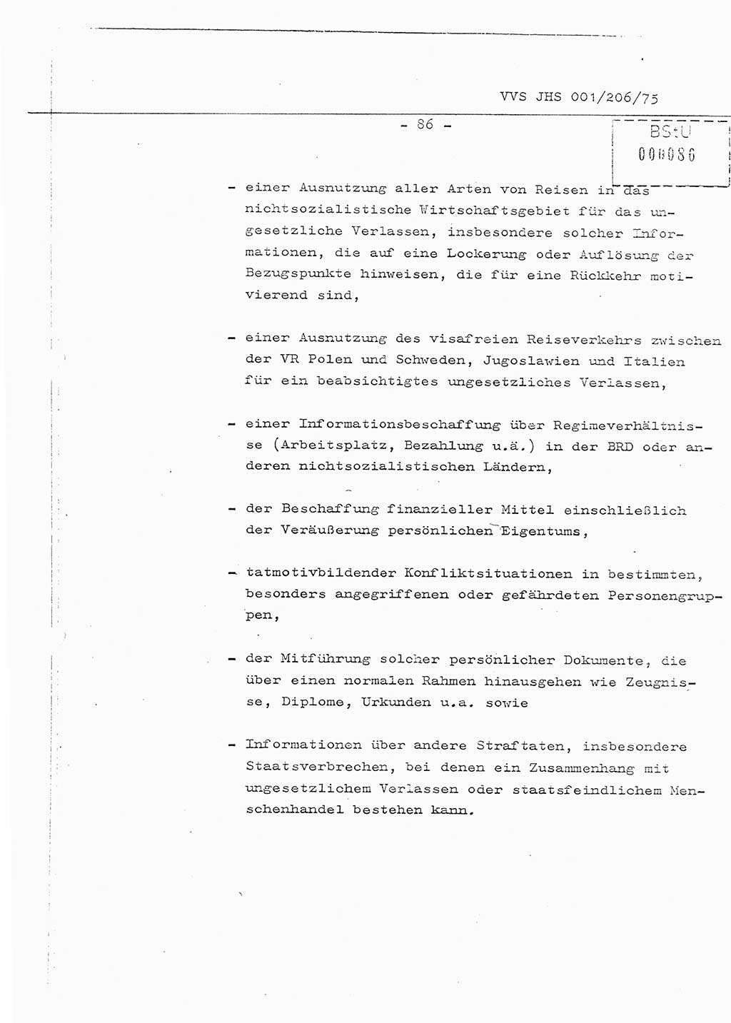 Organisierung der Vorbeugung, Aufklärung und Verhinderung des ungesetzlichen Verlassens der DDR und der Bekämpfung des staatsfeindlichen Menschenhandels, Schulungsmaterial, Ministerium für Staatssicherheit (MfS) [Deutsche Demokratische Republik (DDR)], Juristische Hochschule (JHS), Vertrauliche Verschlußsache (VVS) 001-206/75, Potsdam 1975, Seite 86 (Sch.-Mat. MfS DDR JHS VVS 001-206/75 1975, S. 86)