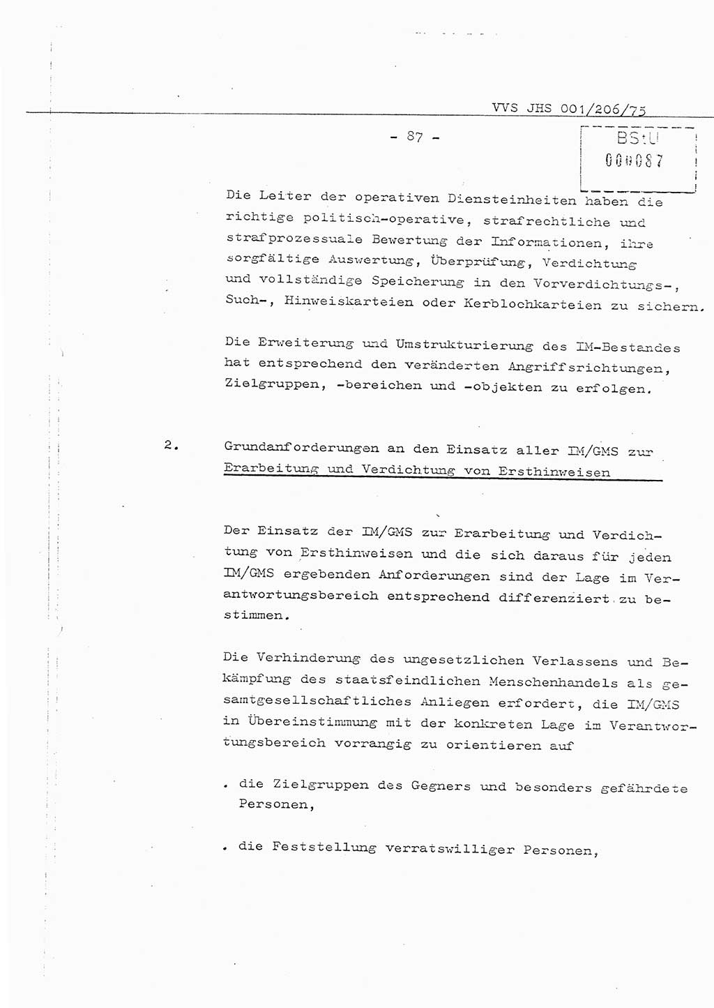 Organisierung der Vorbeugung, Aufklärung und Verhinderung des ungesetzlichen Verlassens der DDR und der Bekämpfung des staatsfeindlichen Menschenhandels, Schulungsmaterial, Ministerium für Staatssicherheit (MfS) [Deutsche Demokratische Republik (DDR)], Juristische Hochschule (JHS), Vertrauliche Verschlußsache (VVS) 001-206/75, Potsdam 1975, Seite 87 (Sch.-Mat. MfS DDR JHS VVS 001-206/75 1975, S. 87)