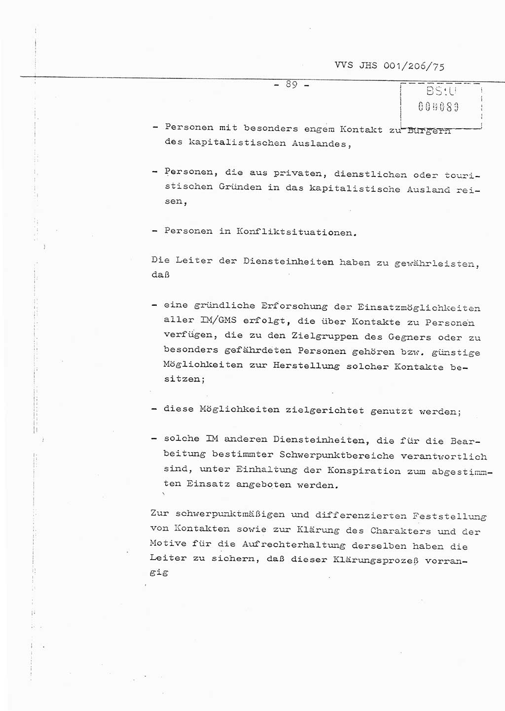 Organisierung der Vorbeugung, Aufklärung und Verhinderung des ungesetzlichen Verlassens der DDR und der Bekämpfung des staatsfeindlichen Menschenhandels, Schulungsmaterial, Ministerium für Staatssicherheit (MfS) [Deutsche Demokratische Republik (DDR)], Juristische Hochschule (JHS), Vertrauliche Verschlußsache (VVS) 001-206/75, Potsdam 1975, Seite 89 (Sch.-Mat. MfS DDR JHS VVS 001-206/75 1975, S. 89)