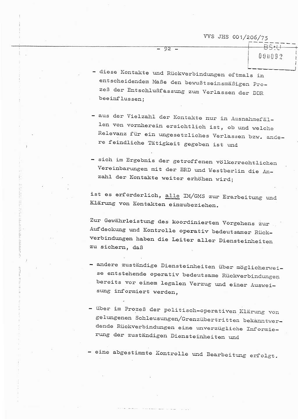 Organisierung der Vorbeugung, Aufklärung und Verhinderung des ungesetzlichen Verlassens der DDR und der Bekämpfung des staatsfeindlichen Menschenhandels, Schulungsmaterial, Ministerium für Staatssicherheit (MfS) [Deutsche Demokratische Republik (DDR)], Juristische Hochschule (JHS), Vertrauliche Verschlußsache (VVS) 001-206/75, Potsdam 1975, Seite 92 (Sch.-Mat. MfS DDR JHS VVS 001-206/75 1975, S. 92)