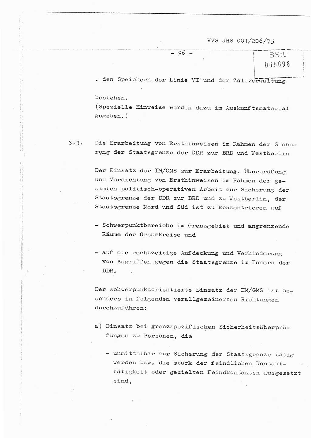 Organisierung der Vorbeugung, Aufklärung und Verhinderung des ungesetzlichen Verlassens der DDR und der Bekämpfung des staatsfeindlichen Menschenhandels, Schulungsmaterial, Ministerium für Staatssicherheit (MfS) [Deutsche Demokratische Republik (DDR)], Juristische Hochschule (JHS), Vertrauliche Verschlußsache (VVS) 001-206/75, Potsdam 1975, Seite 96 (Sch.-Mat. MfS DDR JHS VVS 001-206/75 1975, S. 96)