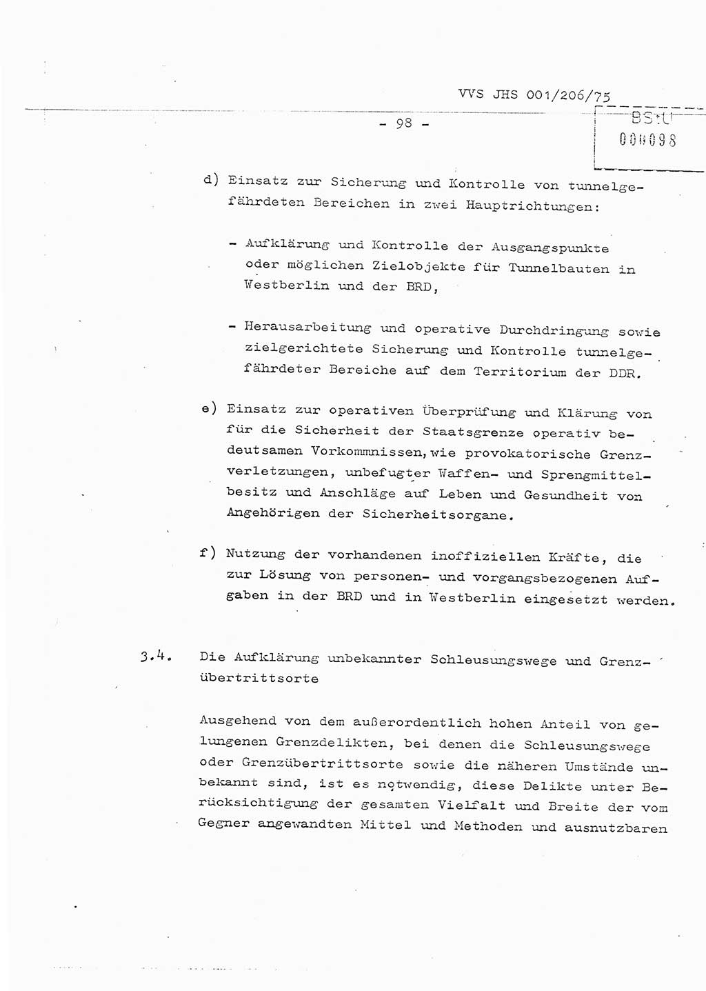 Organisierung der Vorbeugung, Aufklärung und Verhinderung des ungesetzlichen Verlassens der DDR und der Bekämpfung des staatsfeindlichen Menschenhandels, Schulungsmaterial, Ministerium für Staatssicherheit (MfS) [Deutsche Demokratische Republik (DDR)], Juristische Hochschule (JHS), Vertrauliche Verschlußsache (VVS) 001-206/75, Potsdam 1975, Seite 98 (Sch.-Mat. MfS DDR JHS VVS 001-206/75 1975, S. 98)